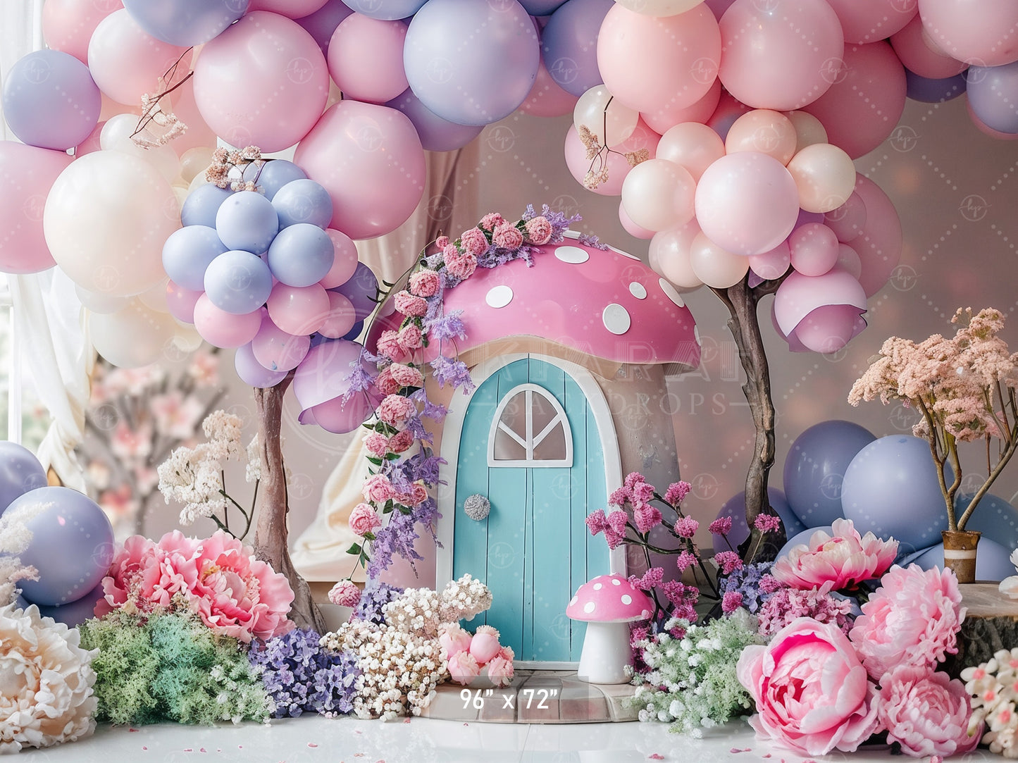 Whimsical Pink Mushroom Cottage Backdrop