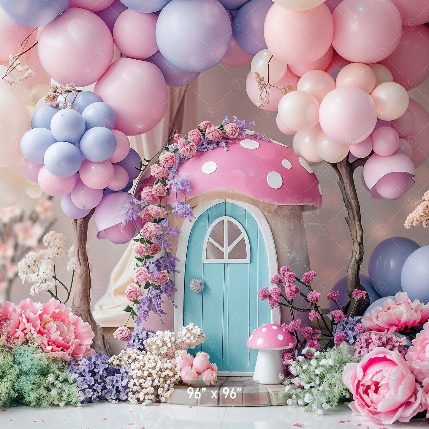 Whimsical Pink Mushroom Cottage Backdrop