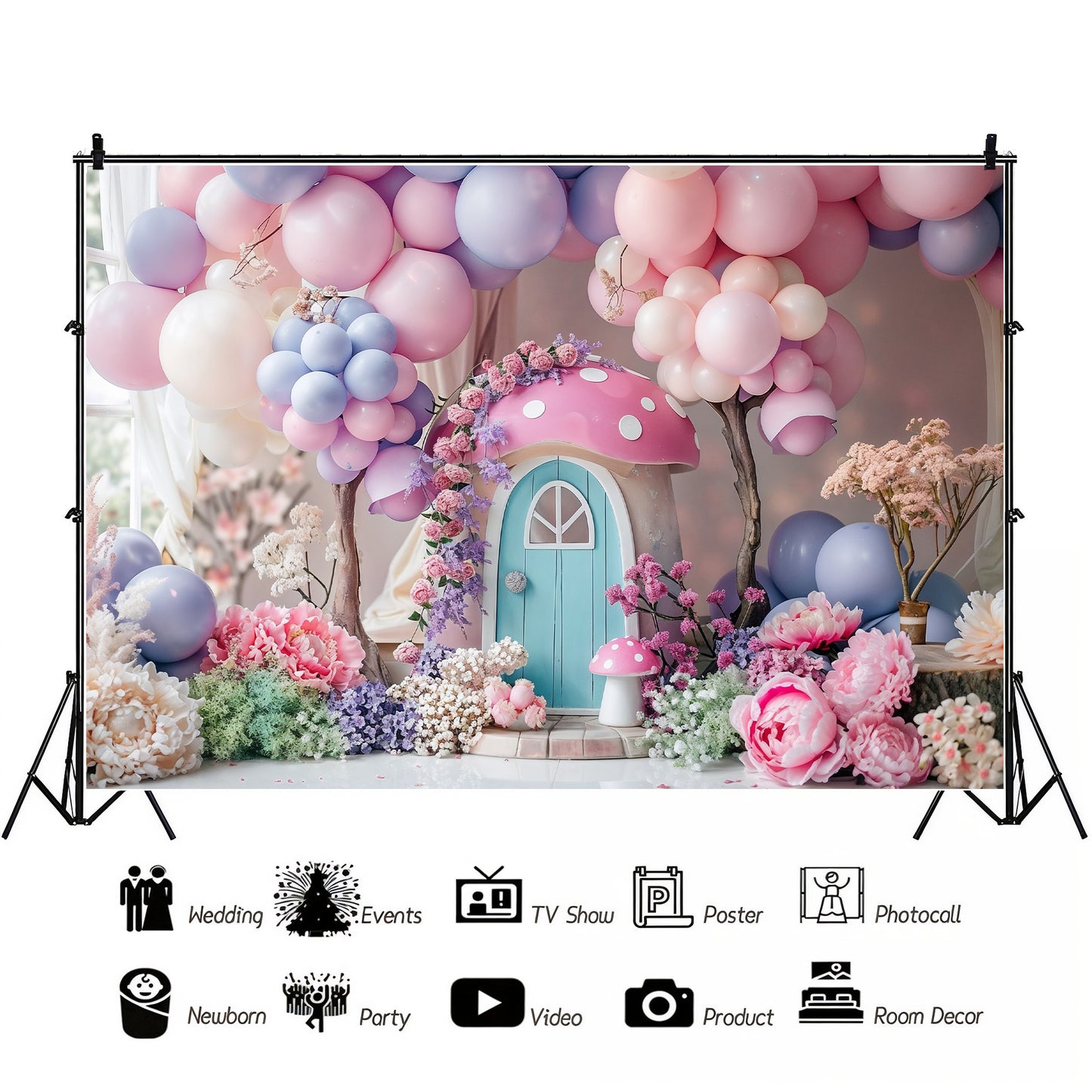 Whimsical Pink Mushroom Cottage Backdrop