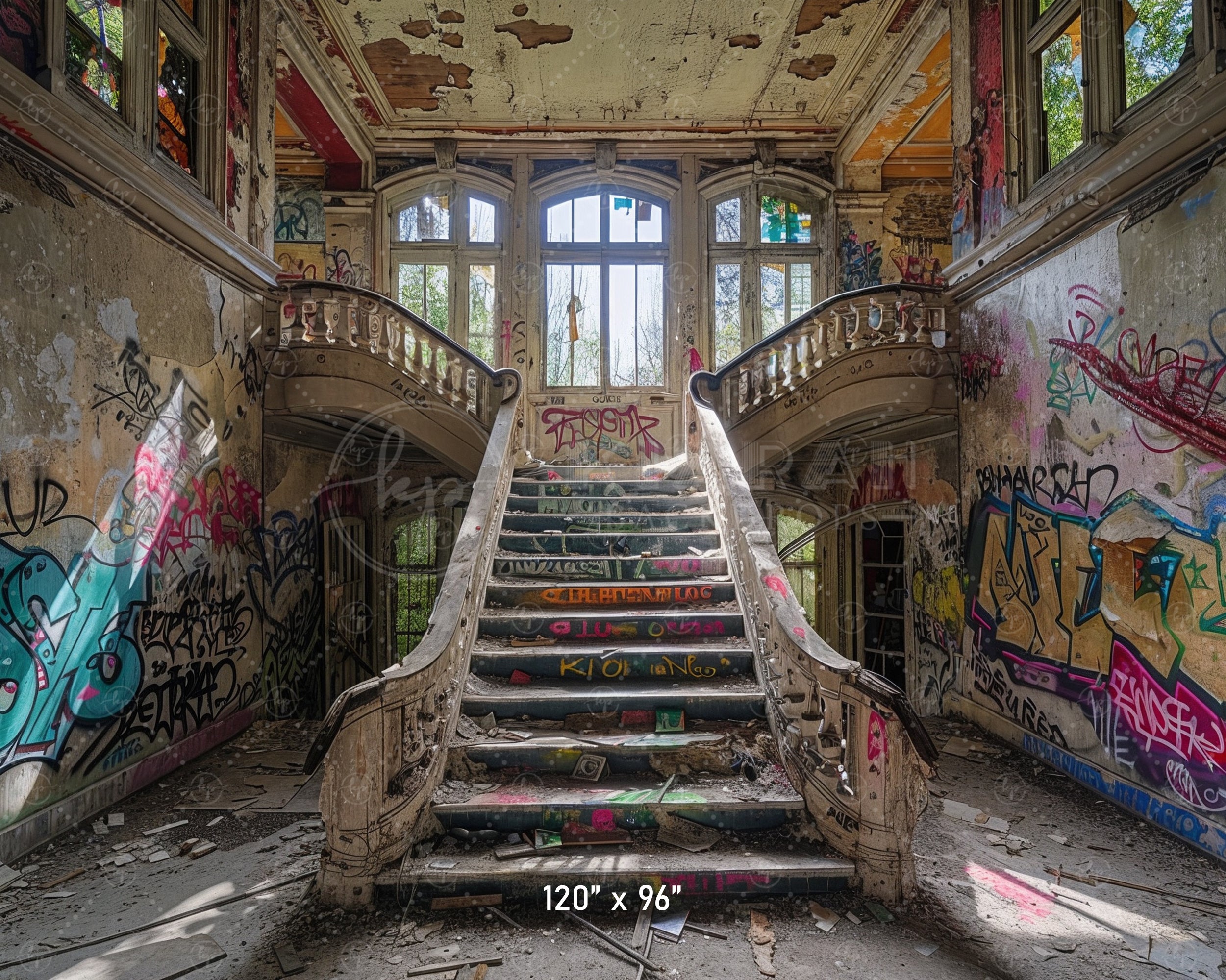 Abandoned Graffiti Mansion Staircase Backdrop