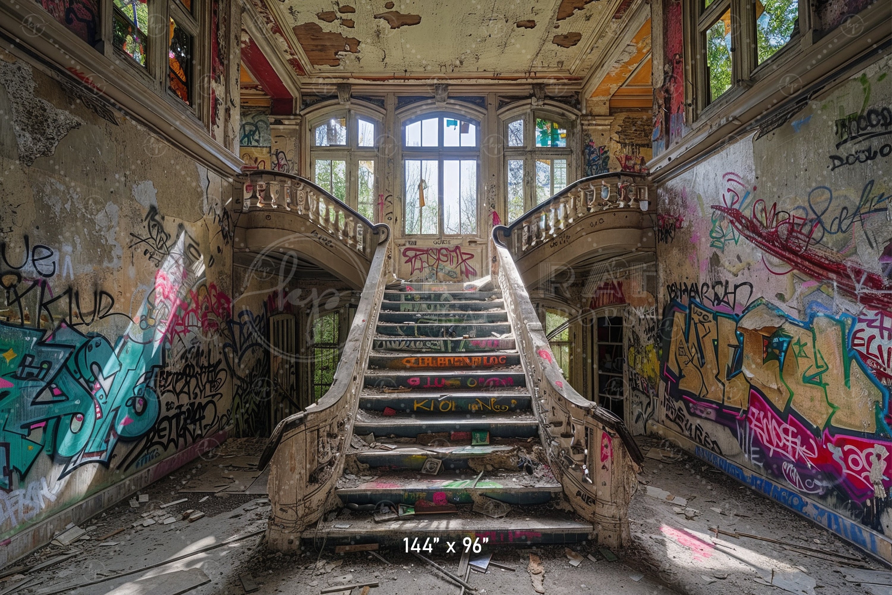 Abandoned Graffiti Mansion Staircase Backdrop
