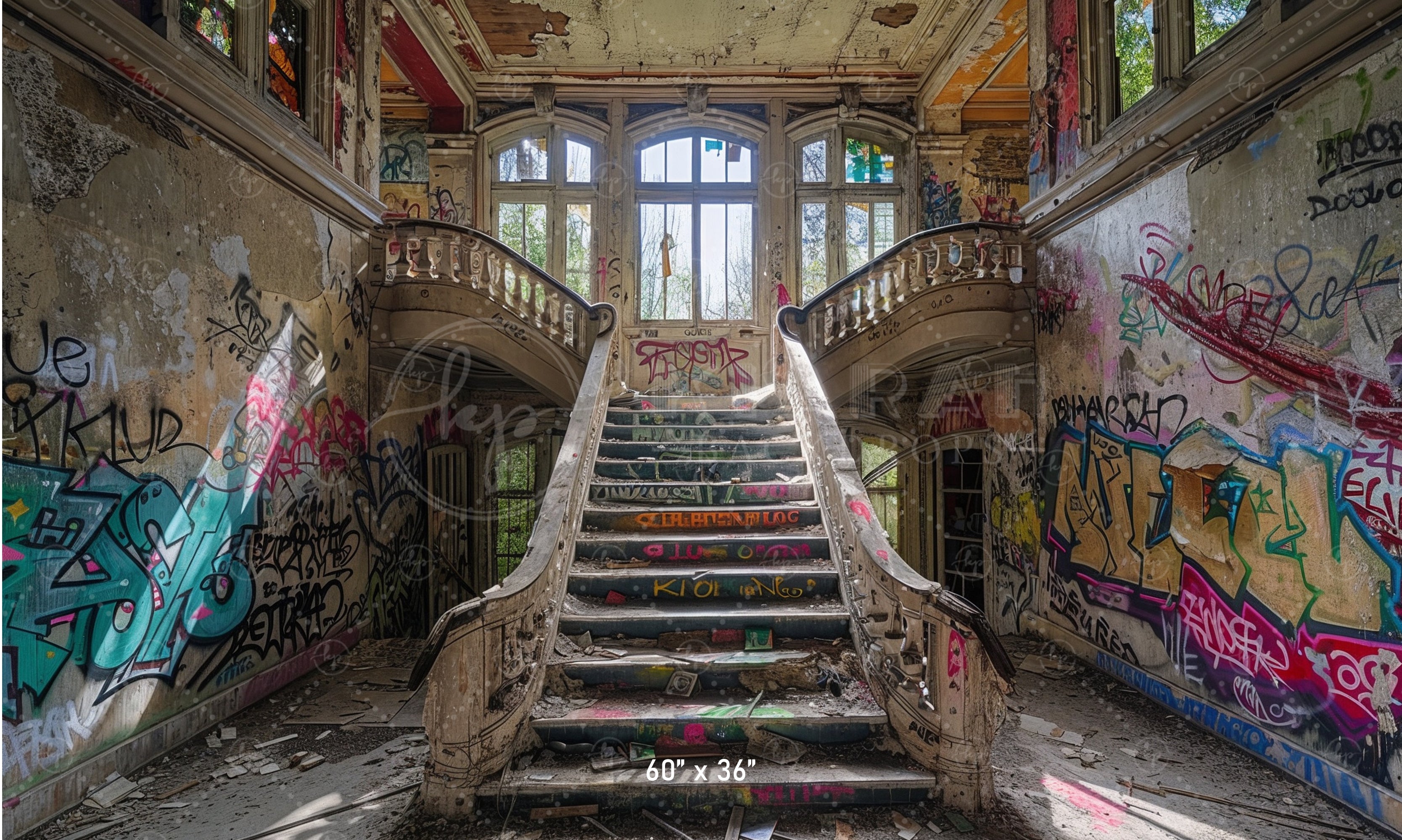Abandoned Graffiti Mansion Staircase Backdrop