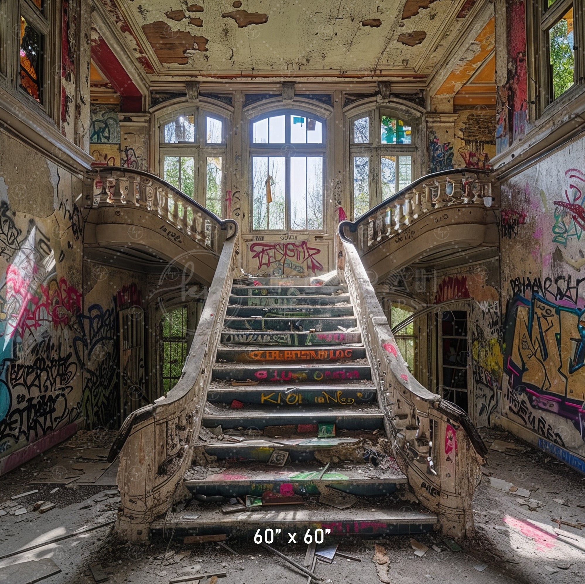 Abandoned Graffiti Mansion Staircase Backdrop
