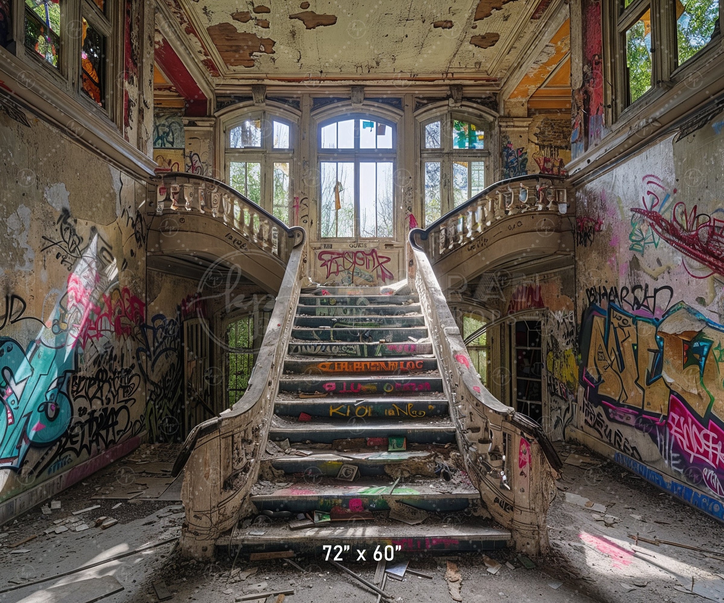 Abandoned Graffiti Mansion Staircase Backdrop