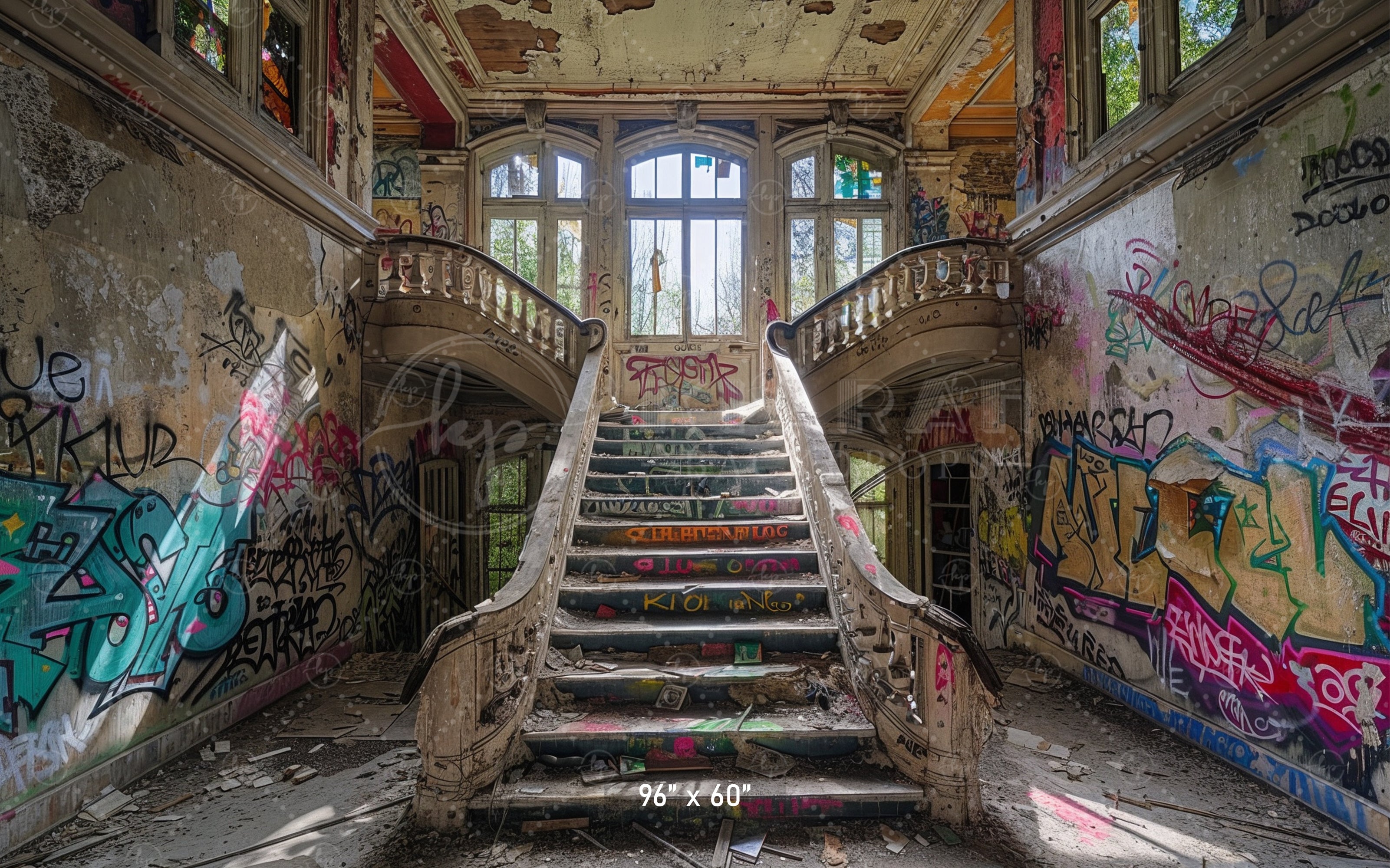Abandoned Graffiti Mansion Staircase Backdrop