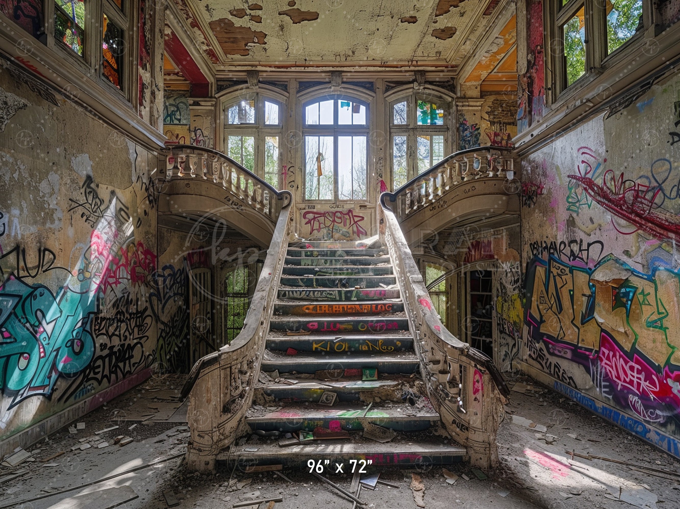 Abandoned Graffiti Mansion Staircase Backdrop