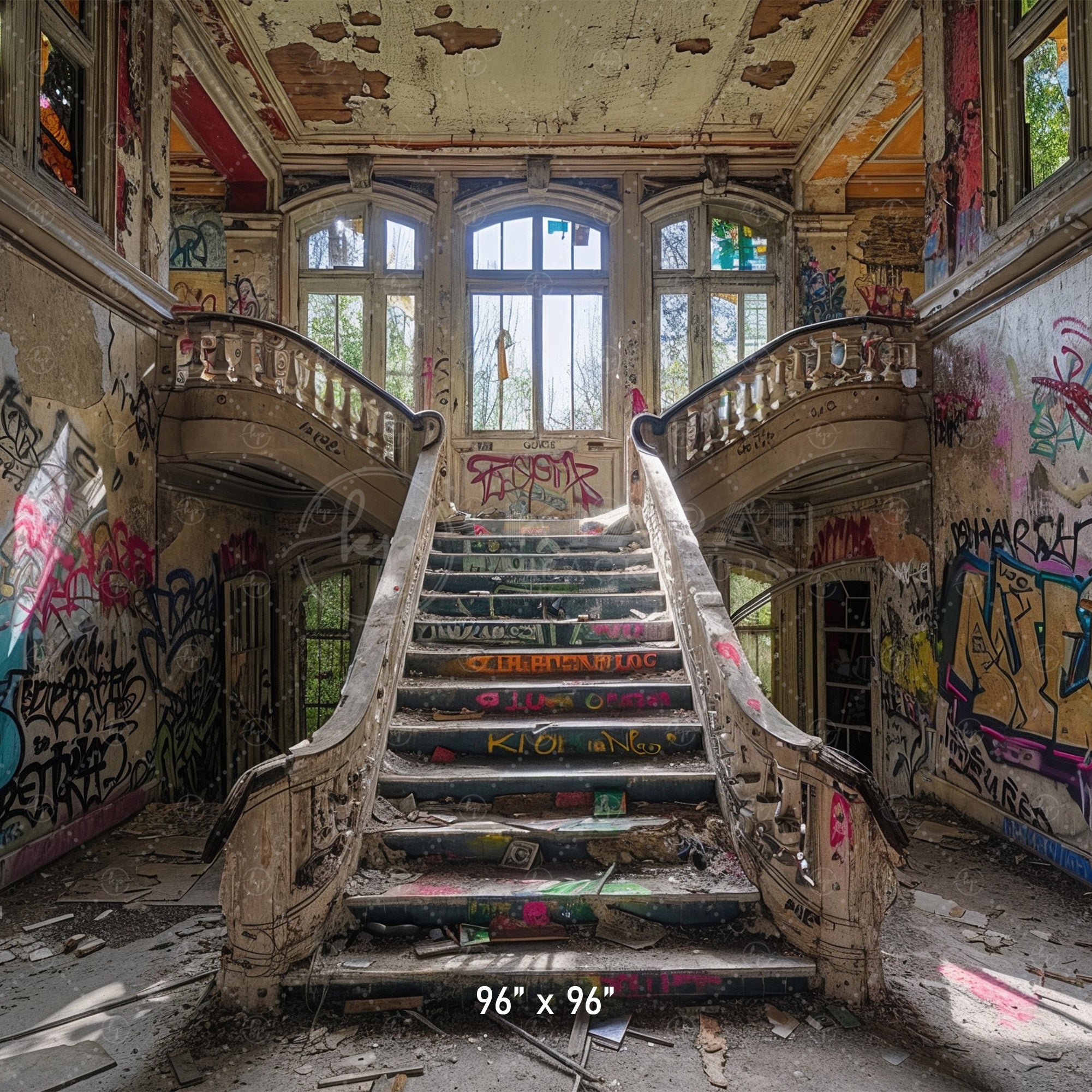 Abandoned Graffiti Mansion Staircase Backdrop