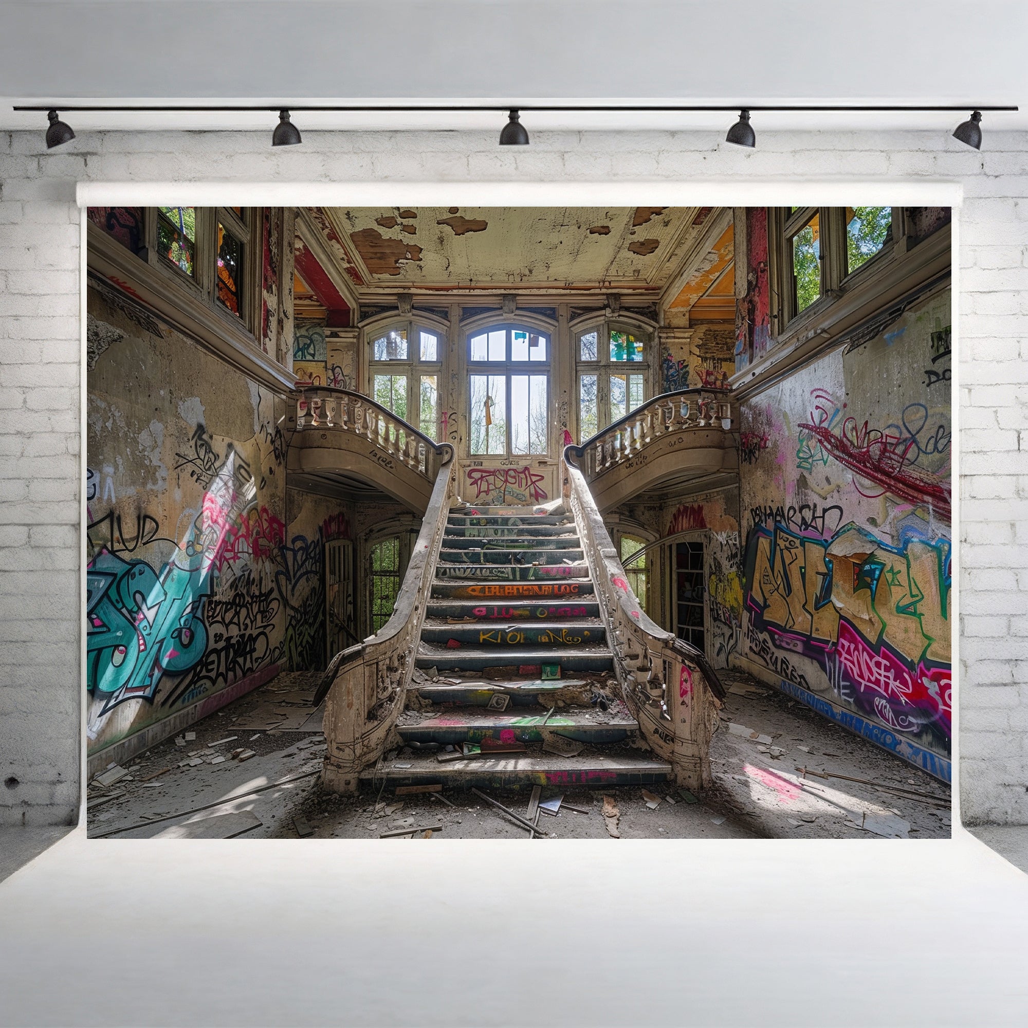 Abandoned Graffiti Mansion Staircase Backdrop