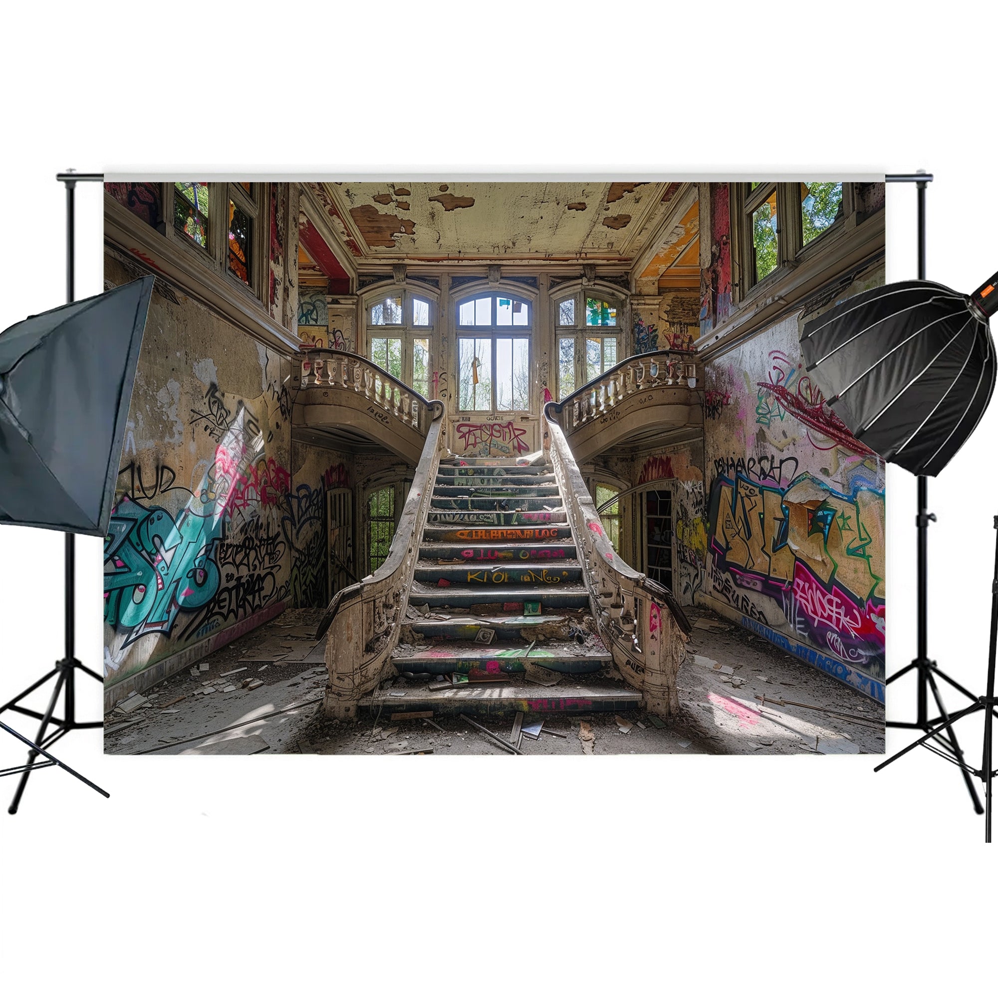 Abandoned Graffiti Mansion Staircase Backdrop