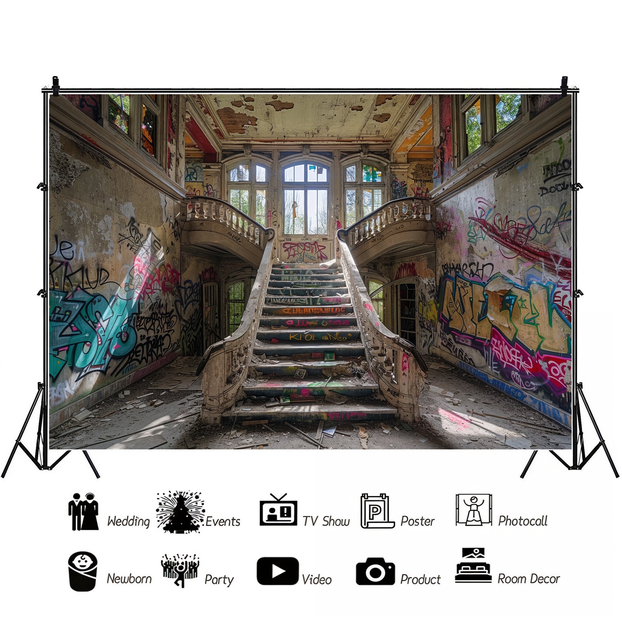 Abandoned Graffiti Mansion Staircase Backdrop