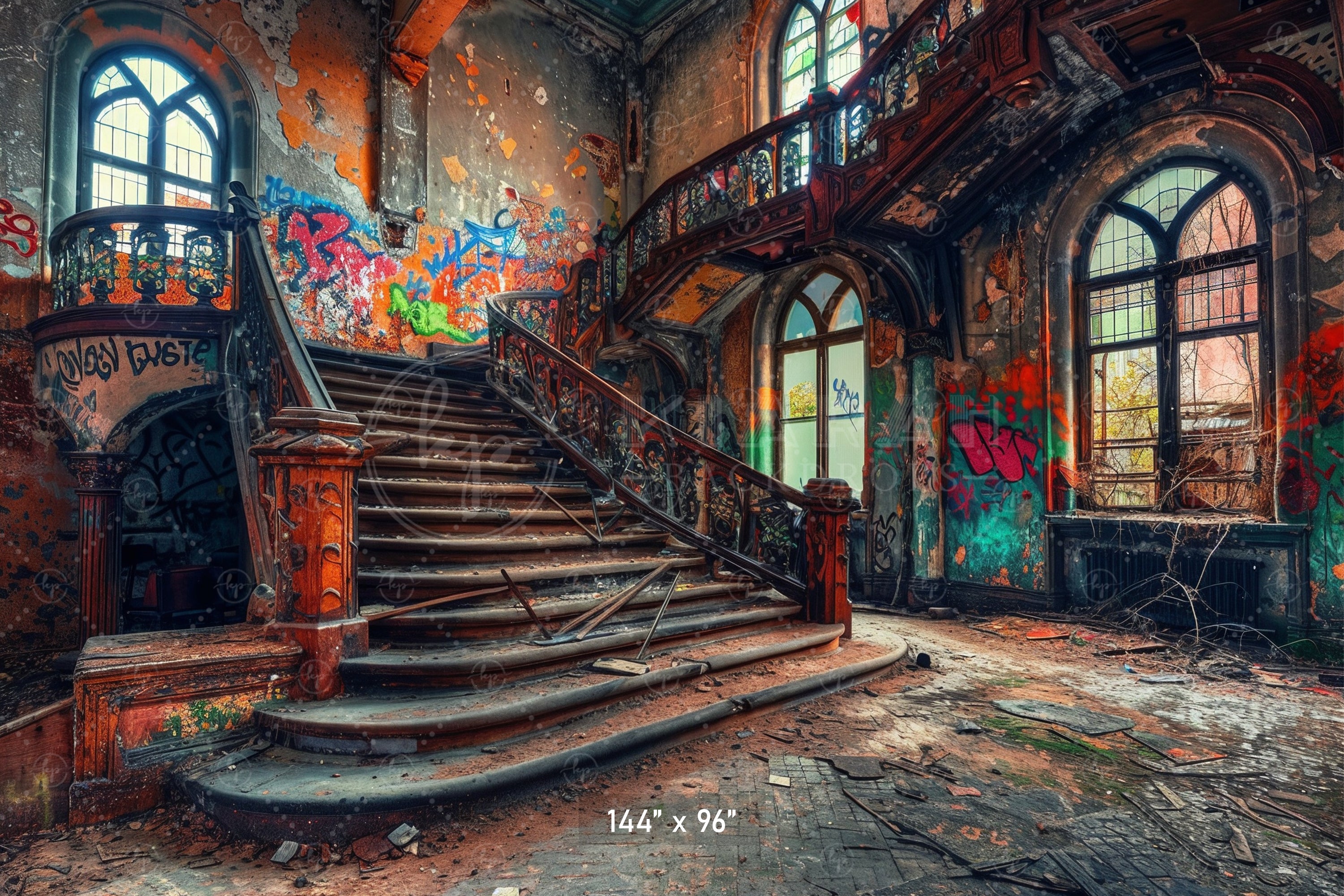 Rustic Graffiti Staircase Hall Backdrop