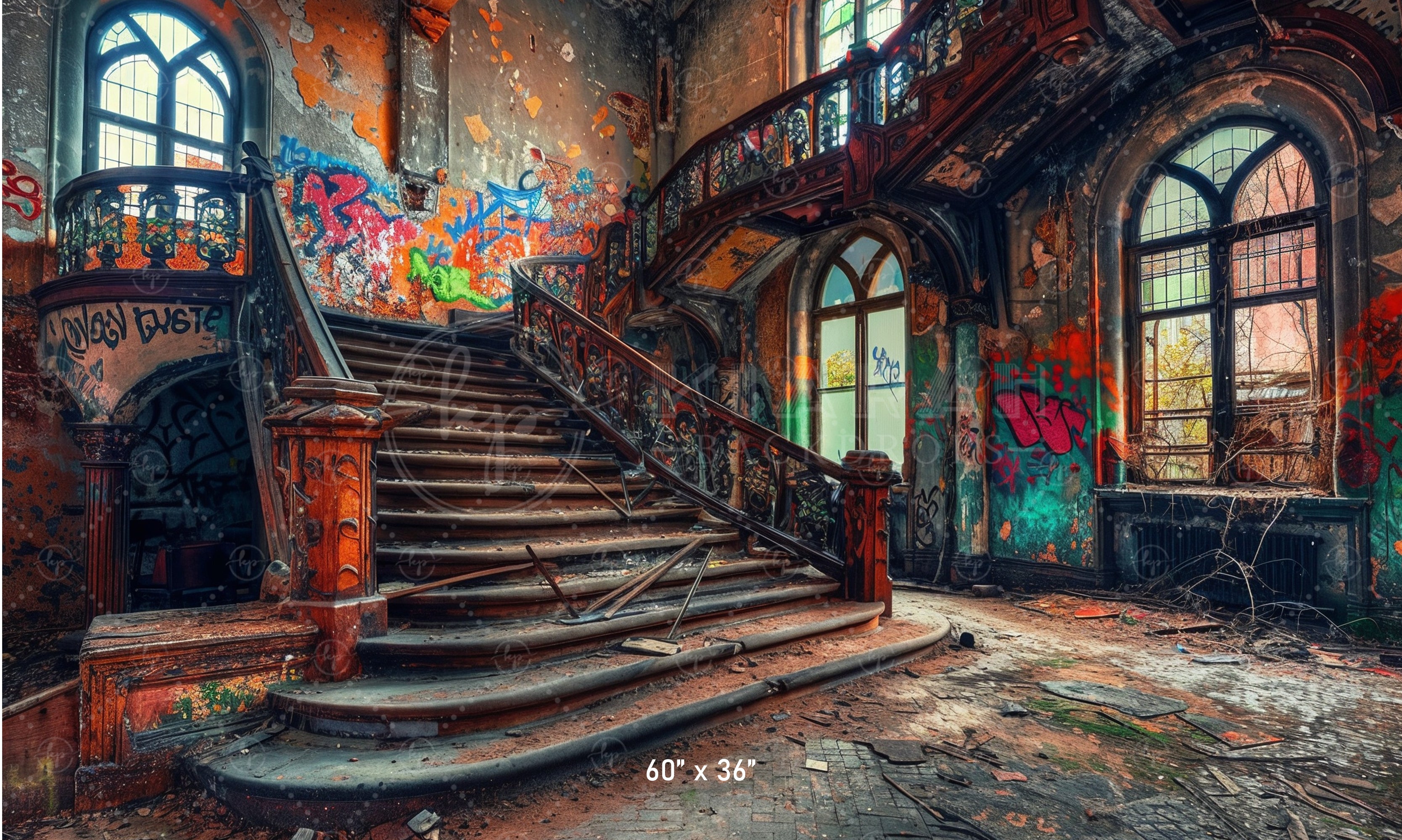 Rustic Graffiti Staircase Hall Backdrop