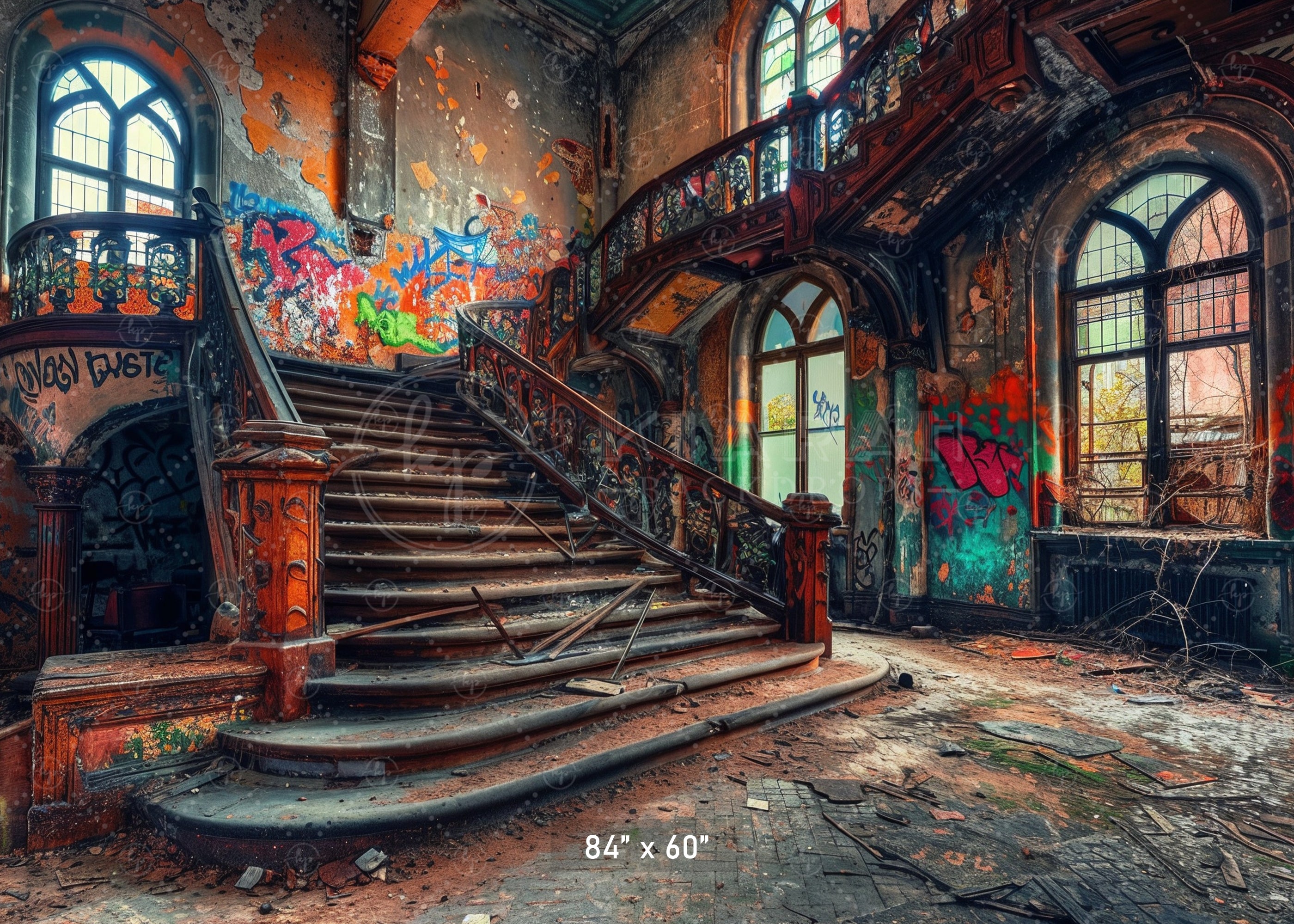 Rustic Graffiti Staircase Hall Backdrop