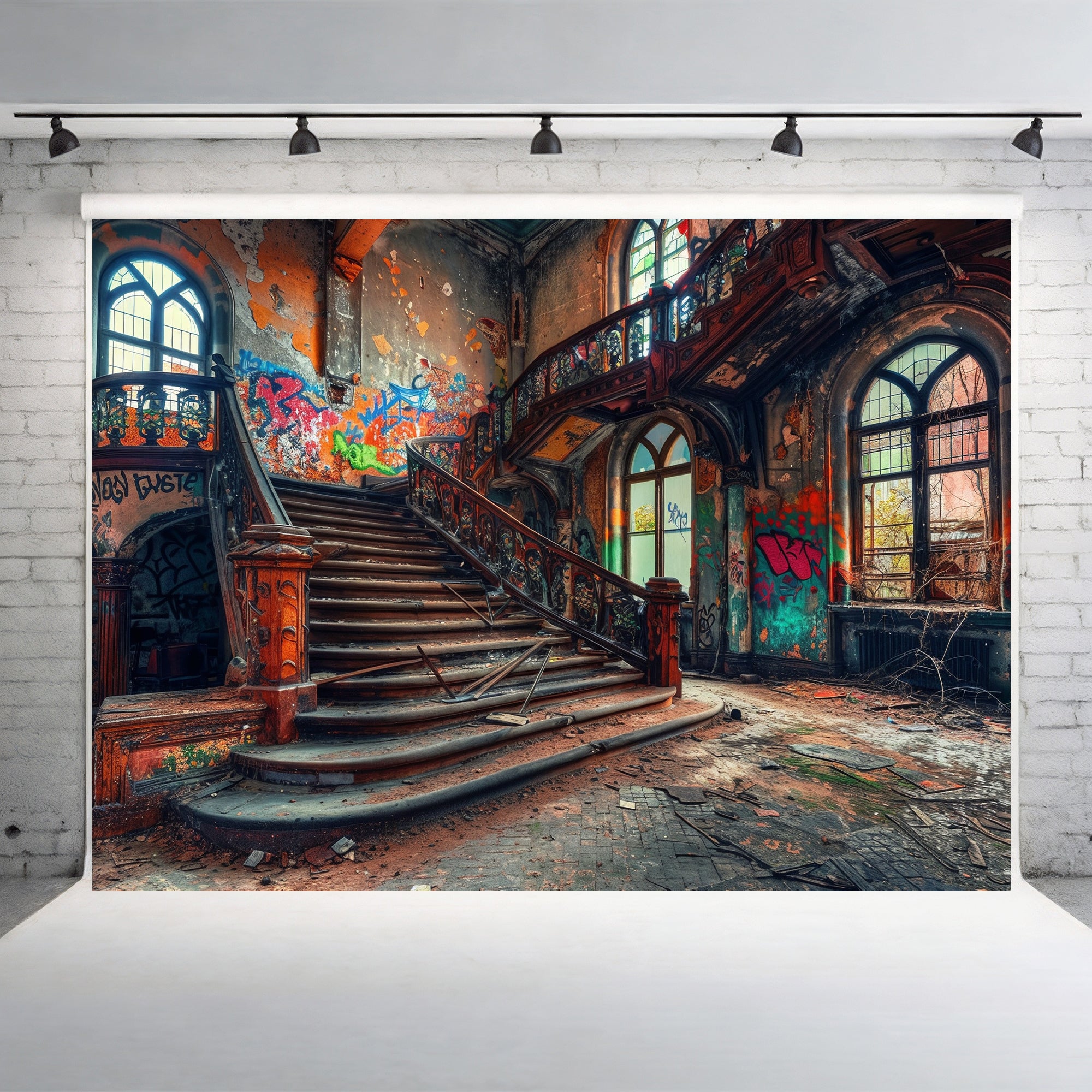 Rustic Graffiti Staircase Hall Backdrop