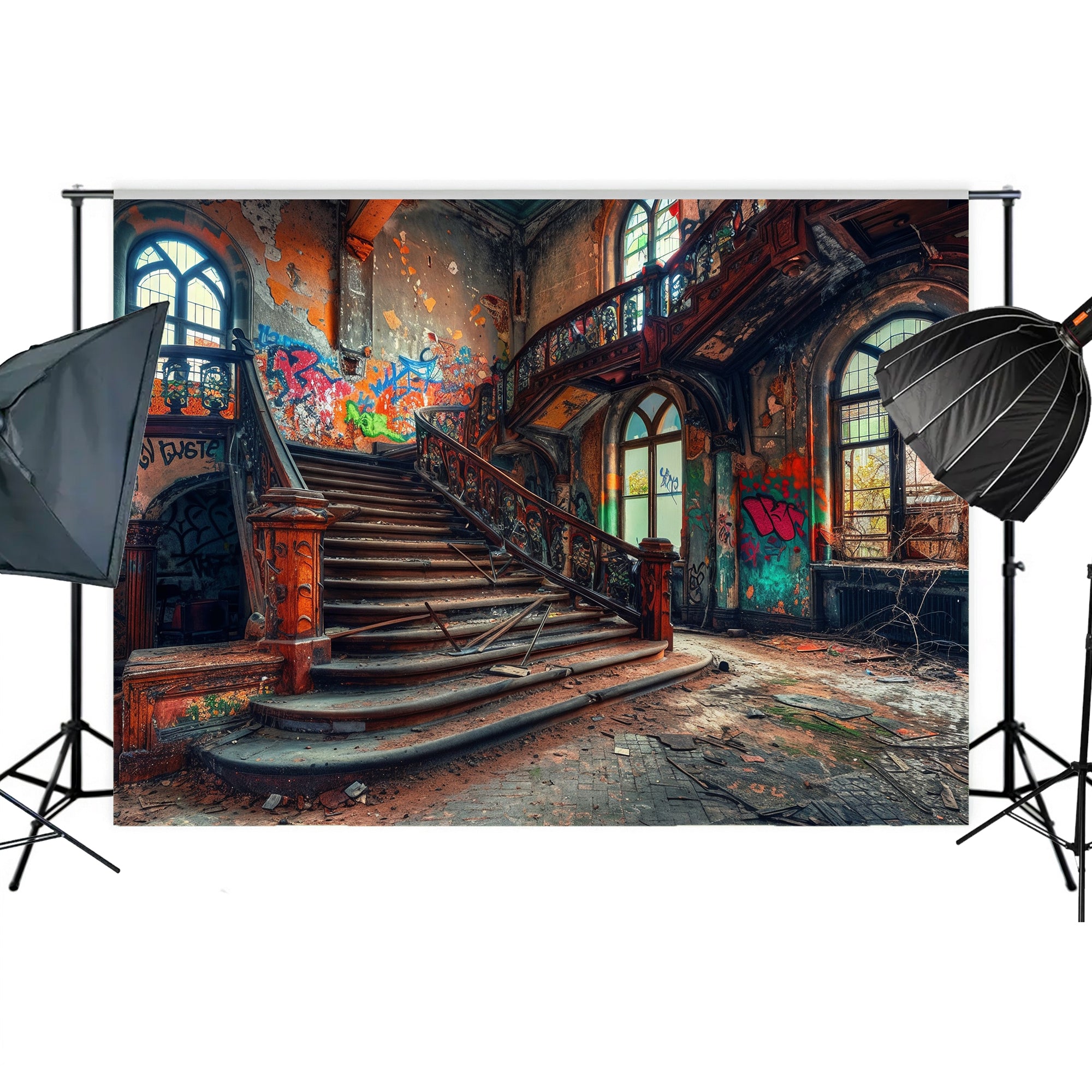Rustic Graffiti Staircase Hall Backdrop
