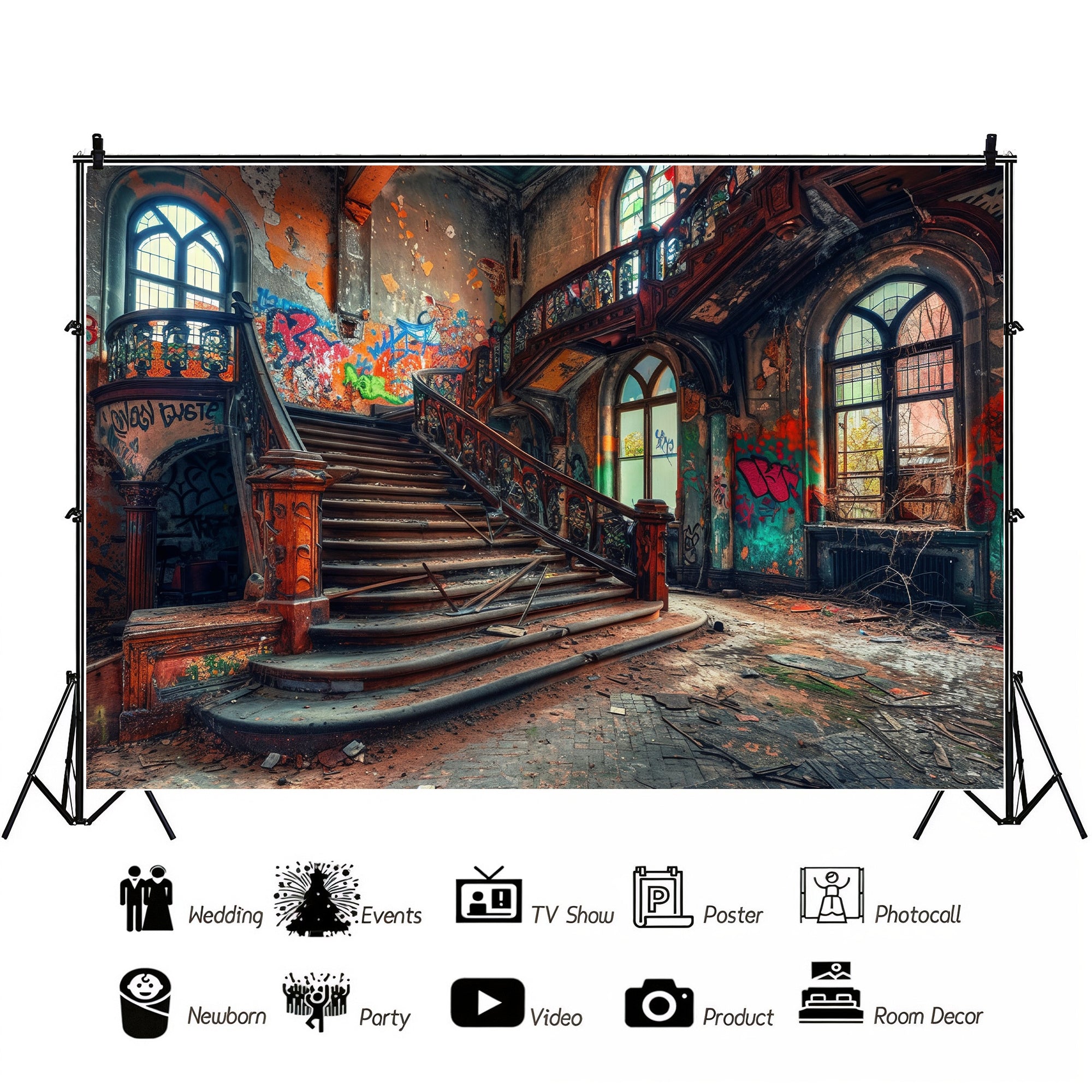 Rustic Graffiti Staircase Hall Backdrop