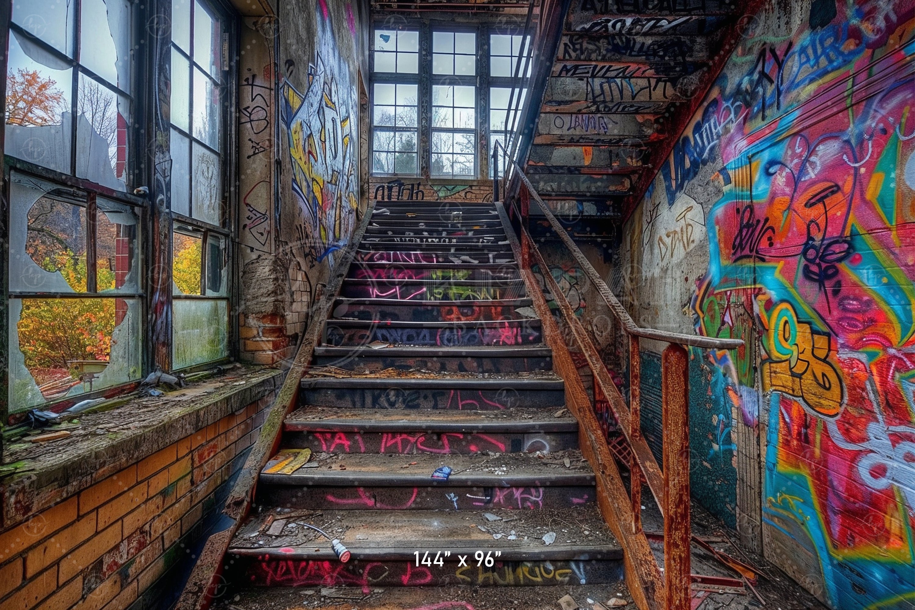 Gritty Urban Graffiti Stairwell Backdrop