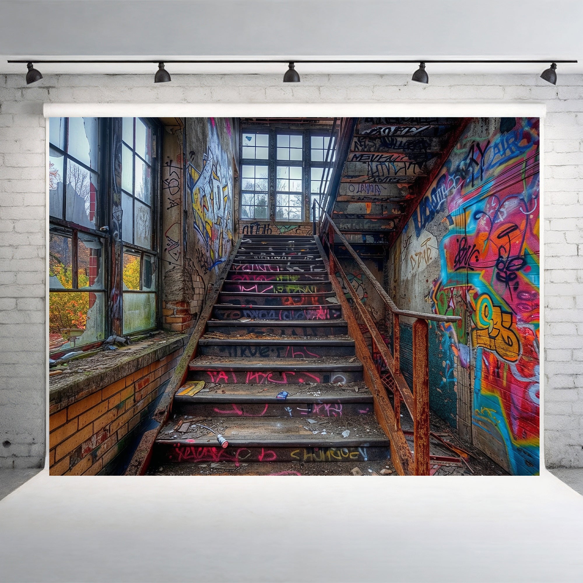 Gritty Urban Graffiti Stairwell Backdrop