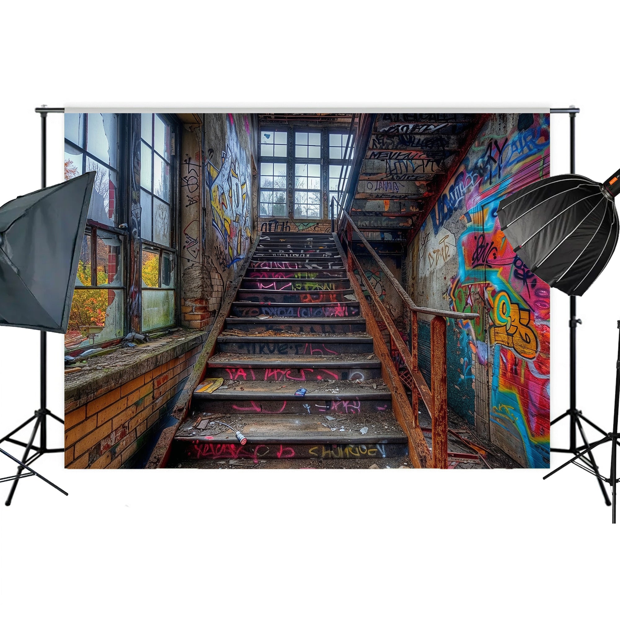 Gritty Urban Graffiti Stairwell Backdrop