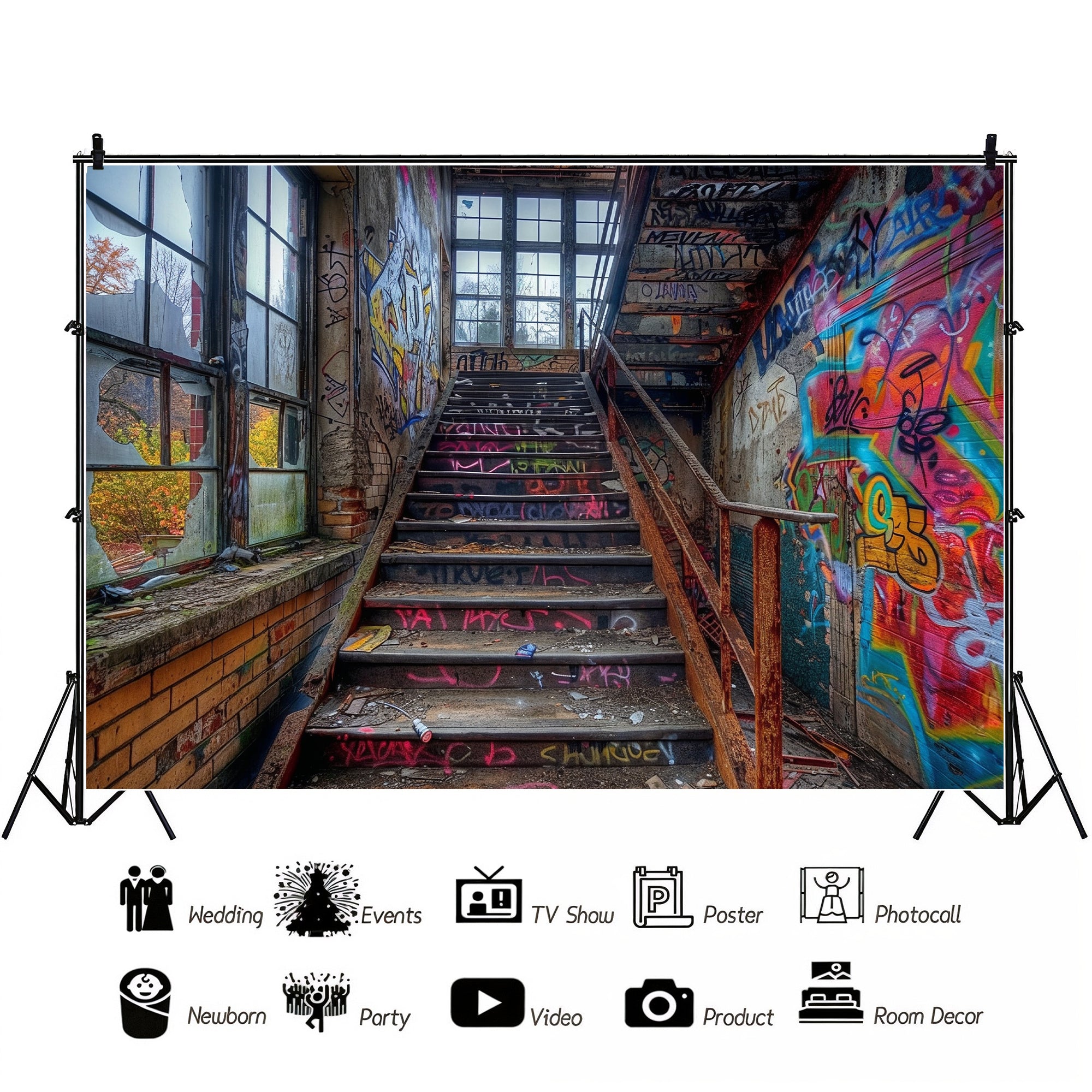 Gritty Urban Graffiti Stairwell Backdrop