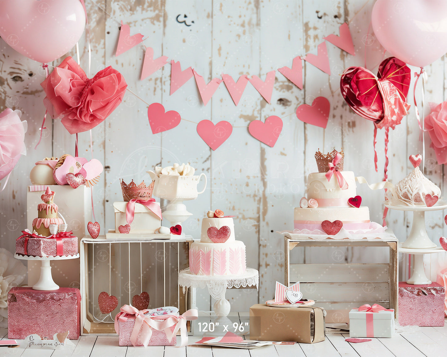 Pink Hearts and Crown Dessert Table Backdrop