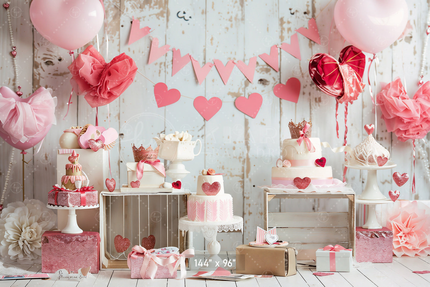 Pink Hearts and Crown Dessert Table Backdrop