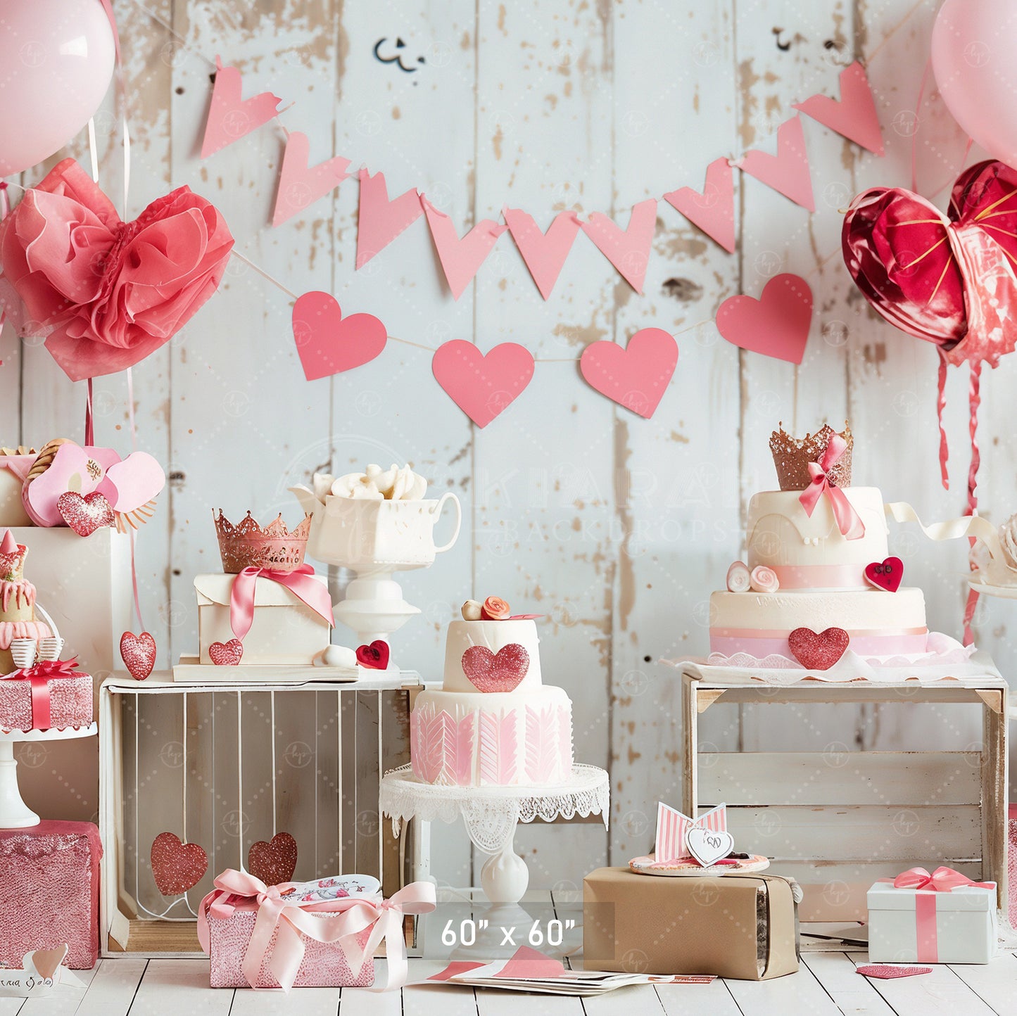 Pink Hearts and Crown Dessert Table Backdrop