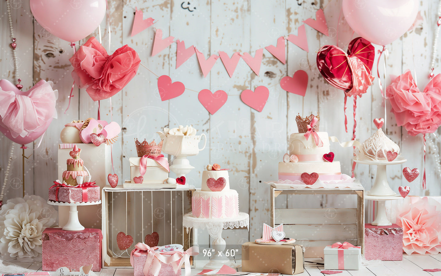 Pink Hearts and Crown Dessert Table Backdrop