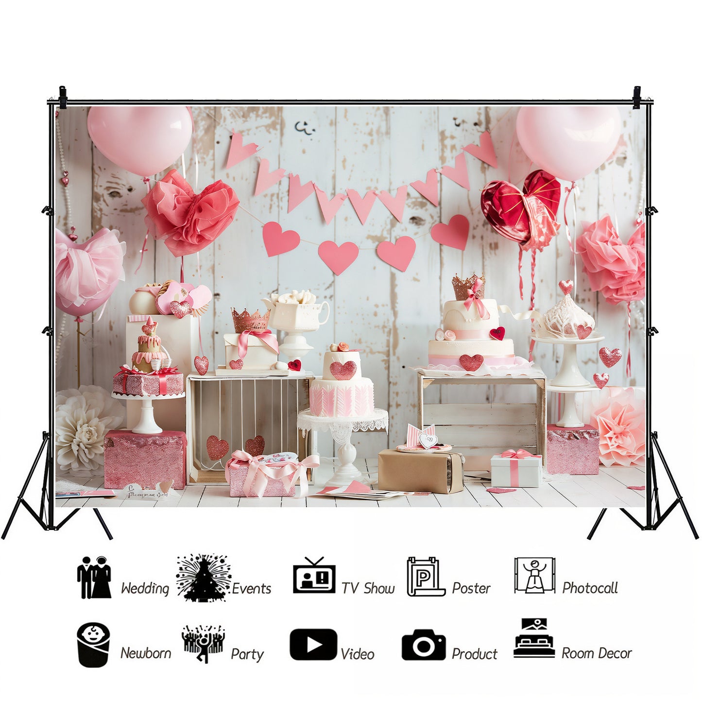 Pink Hearts and Crown Dessert Table Backdrop