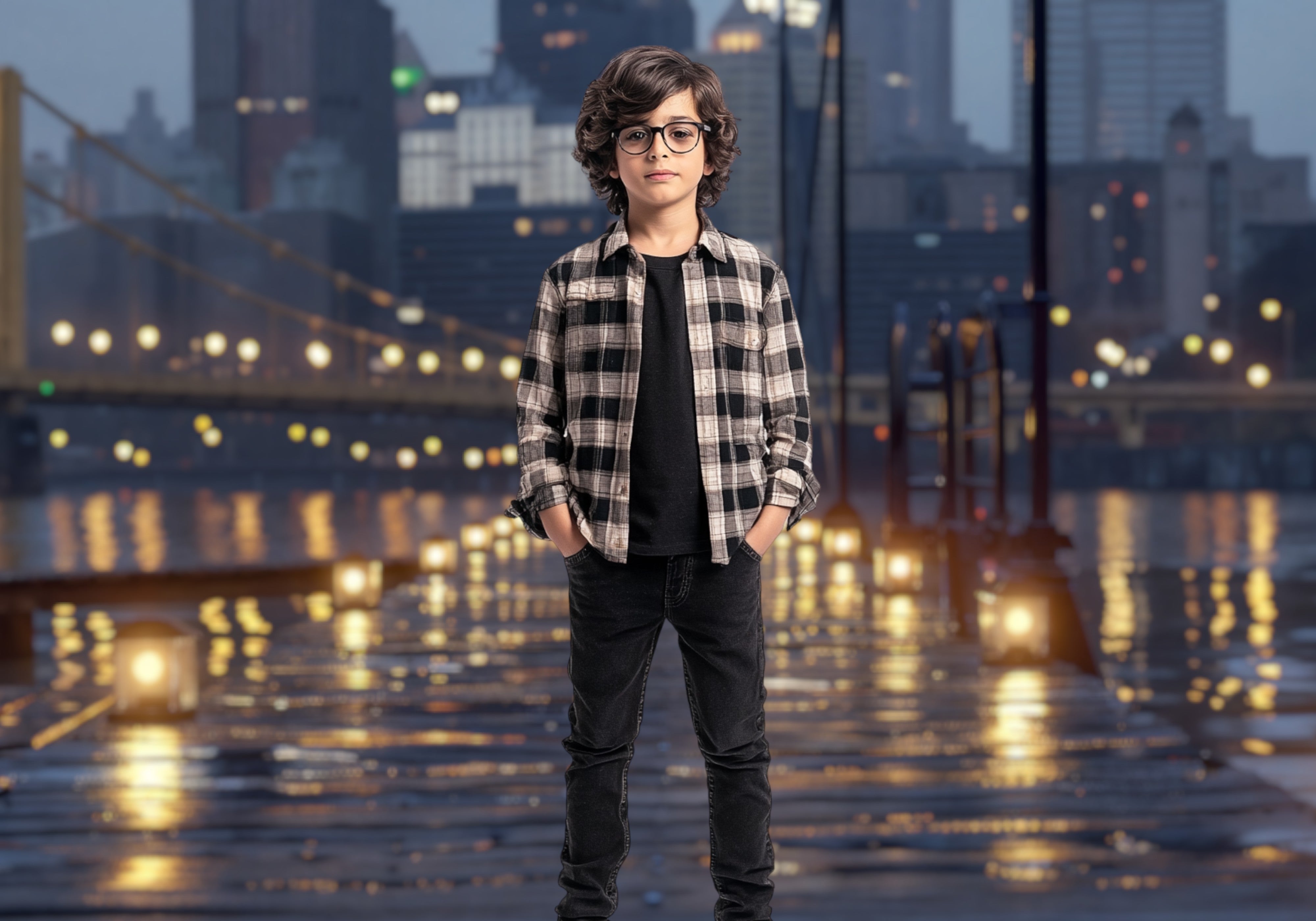 City Lights on Waterfront Walkway Backdrop