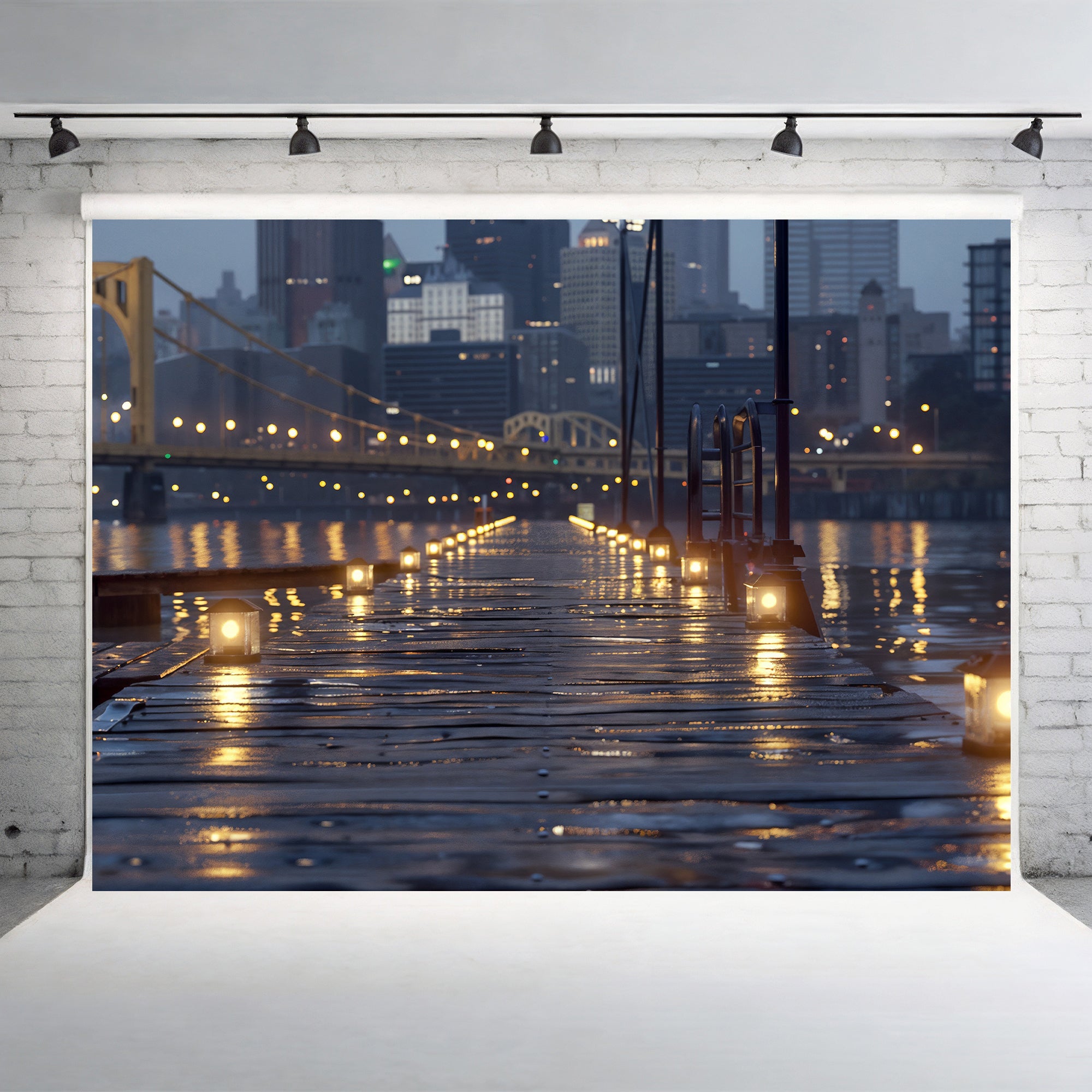 City Lights on Waterfront Walkway Backdrop
