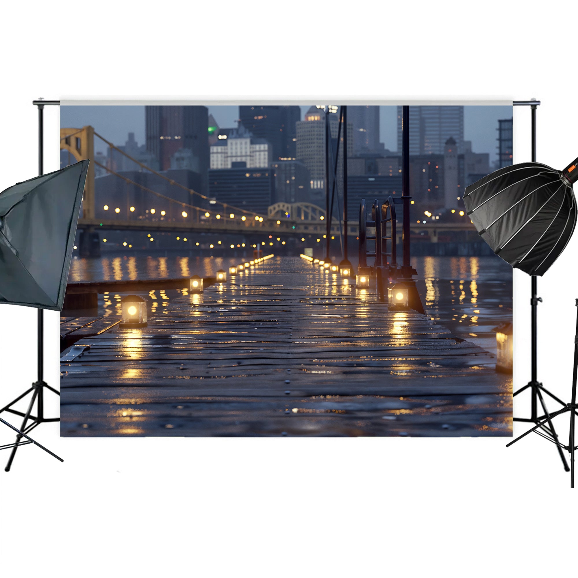 City Lights on Waterfront Walkway Backdrop