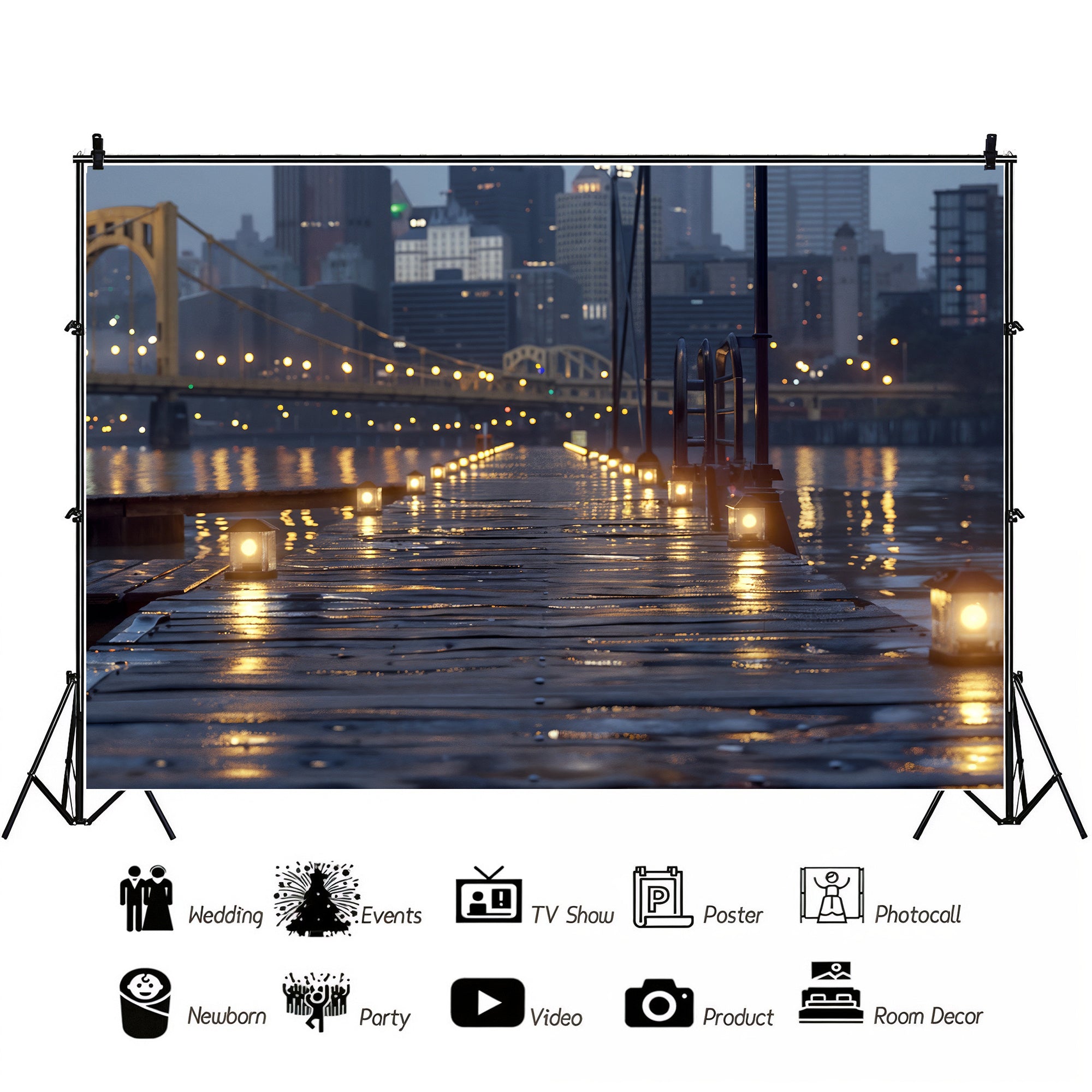 City Lights on Waterfront Walkway Backdrop