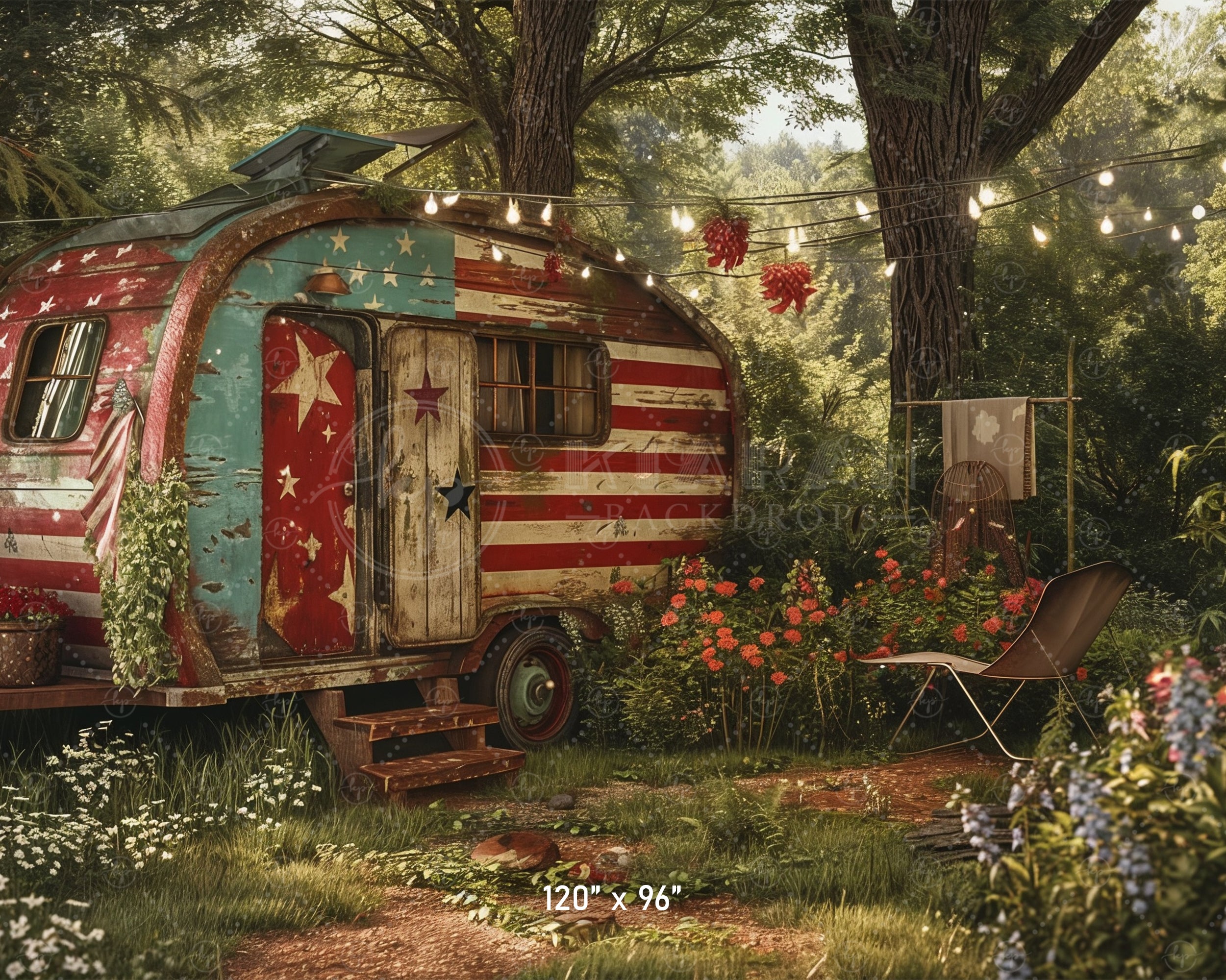 Patriotic Vintage Camper Scene Backdrop