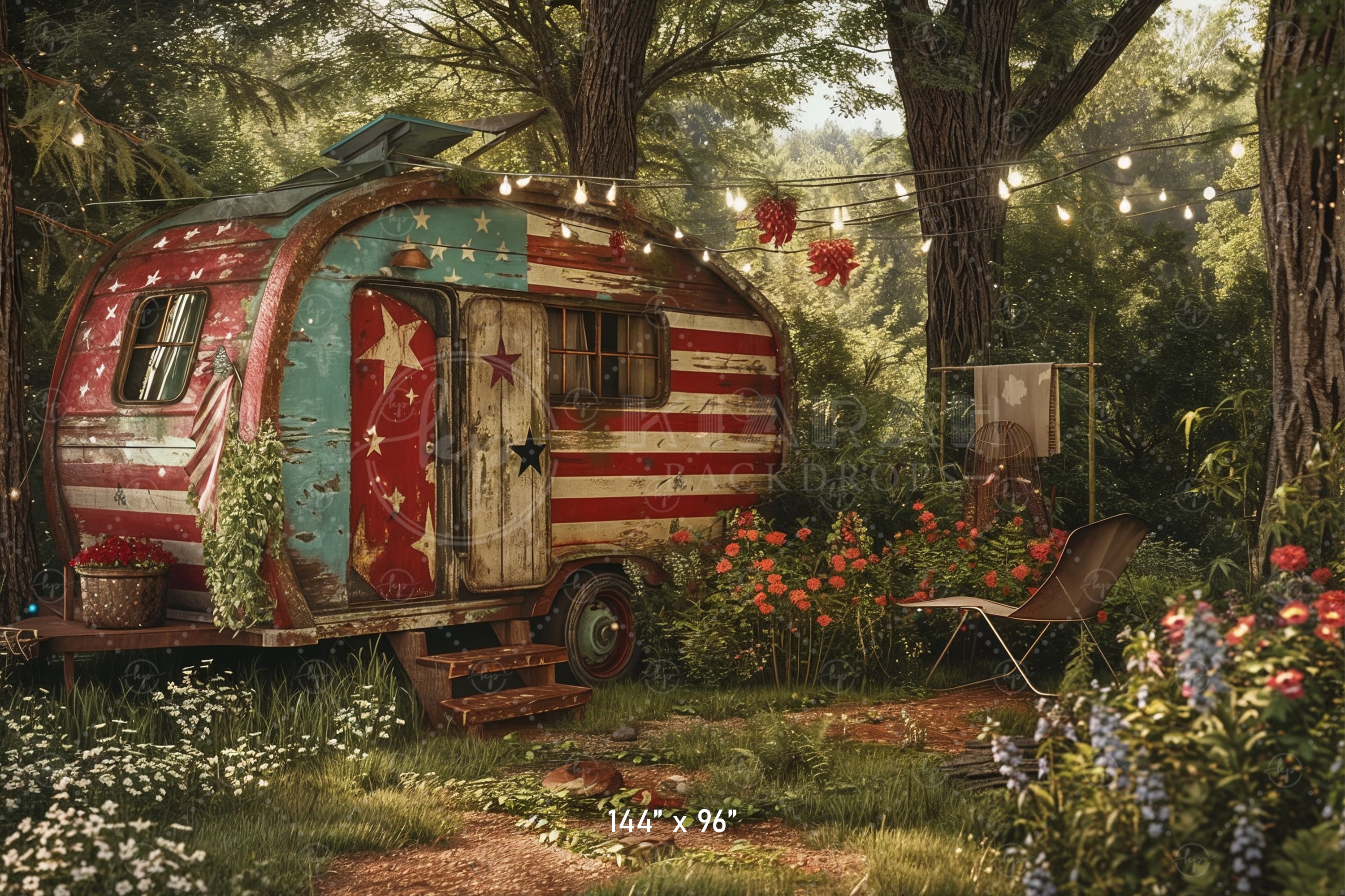 Patriotic Vintage Camper Scene Backdrop