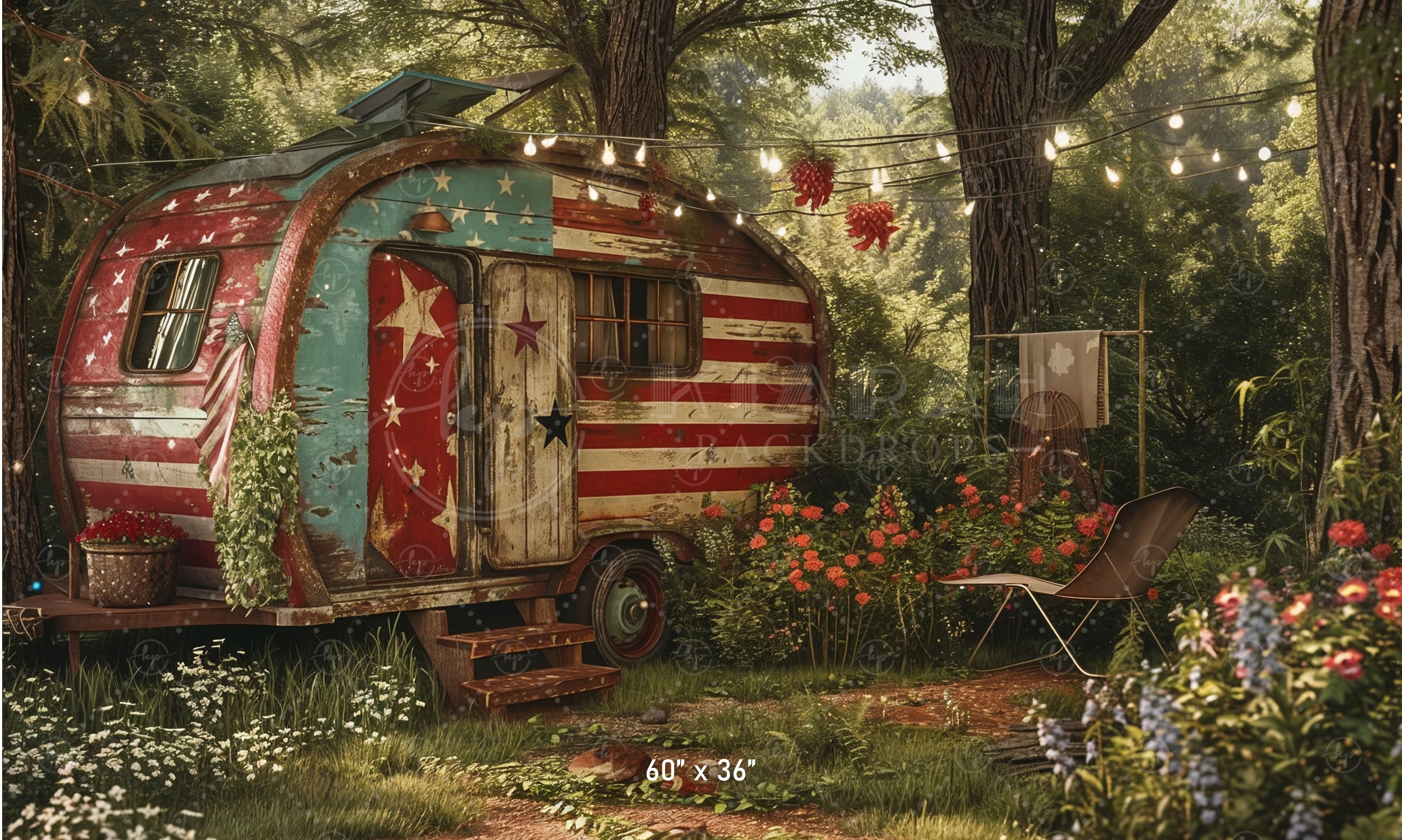 Patriotic Vintage Camper Scene Backdrop
