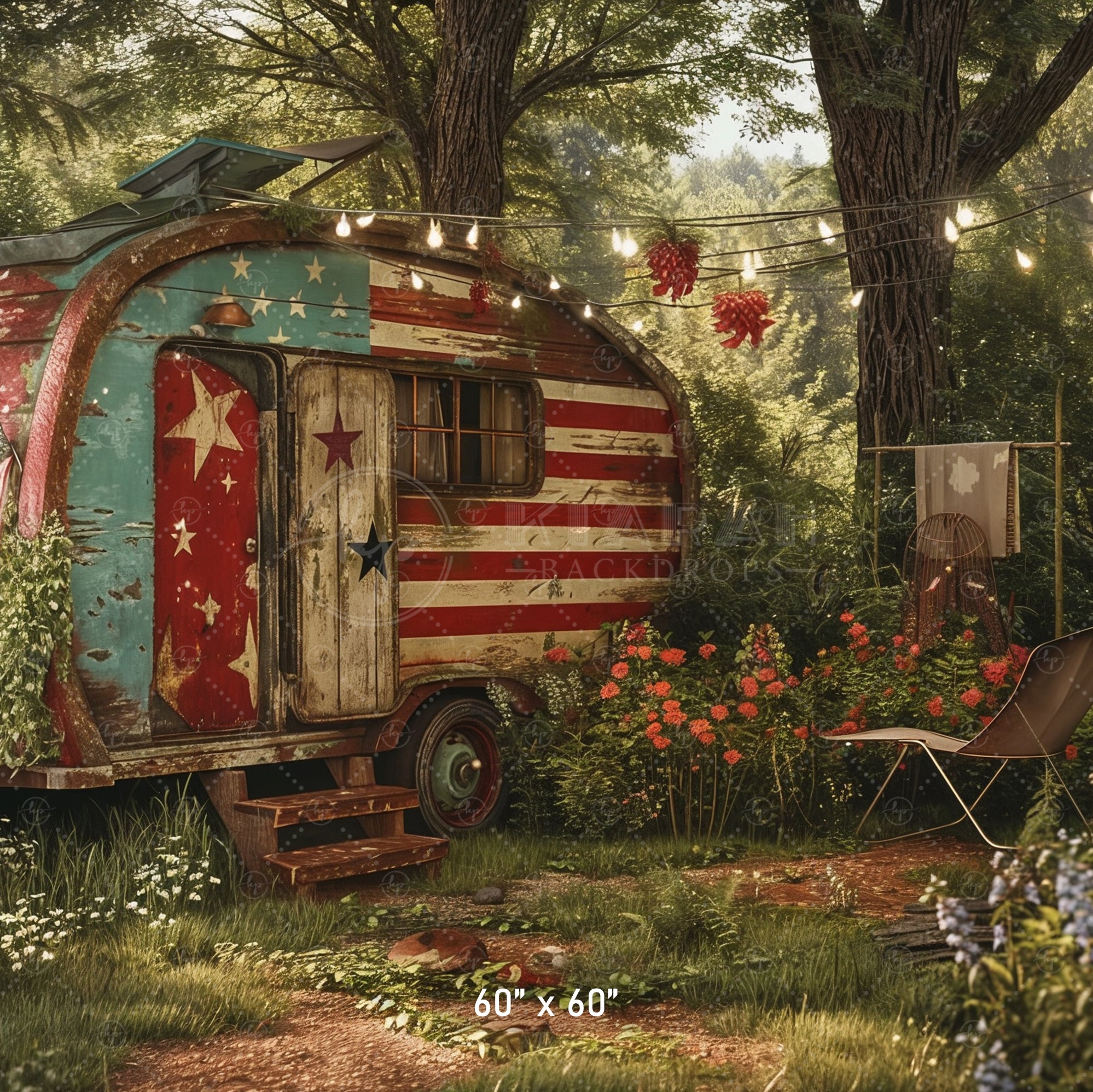 Patriotic Vintage Camper Scene Backdrop