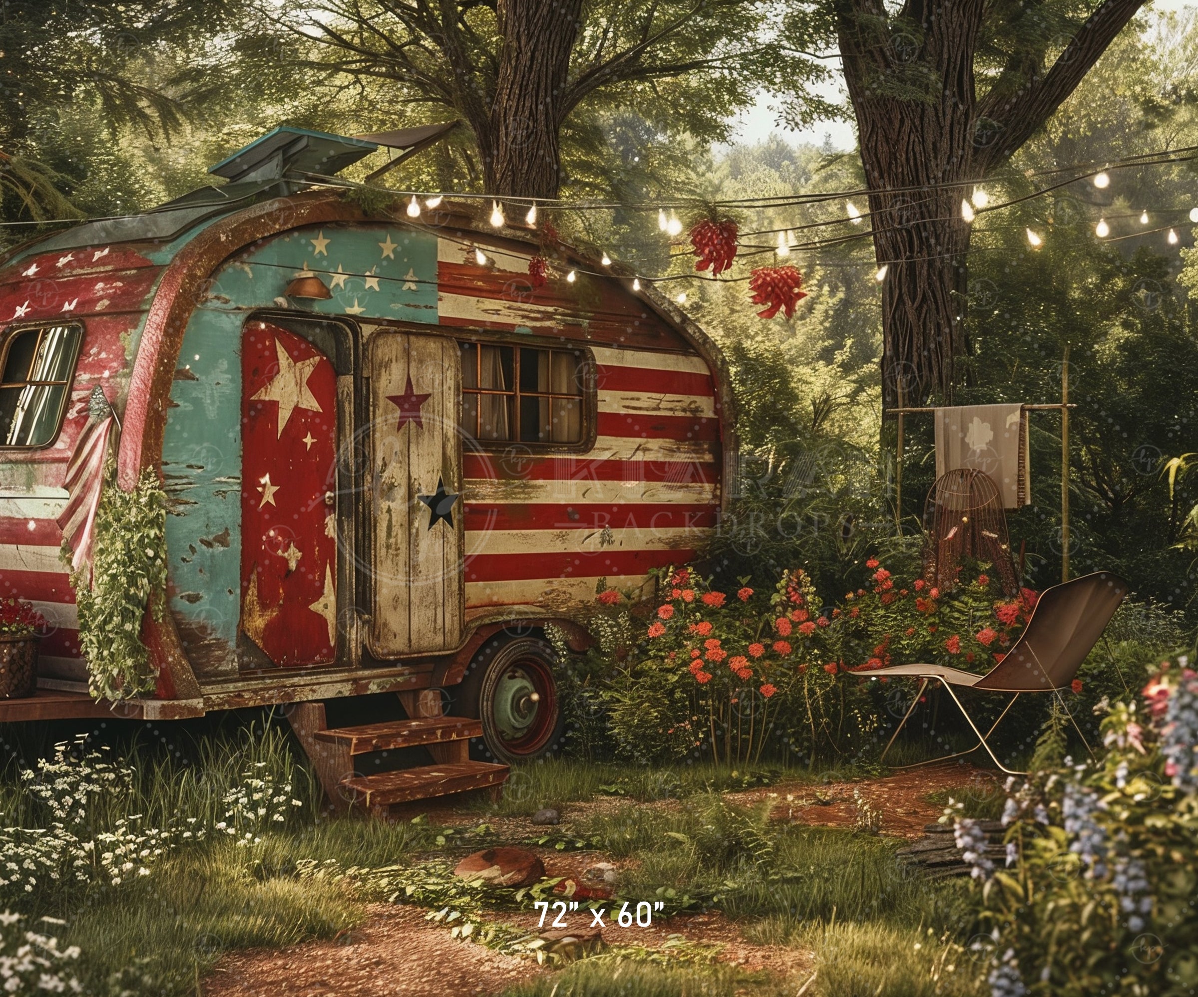 Patriotic Vintage Camper Scene Backdrop