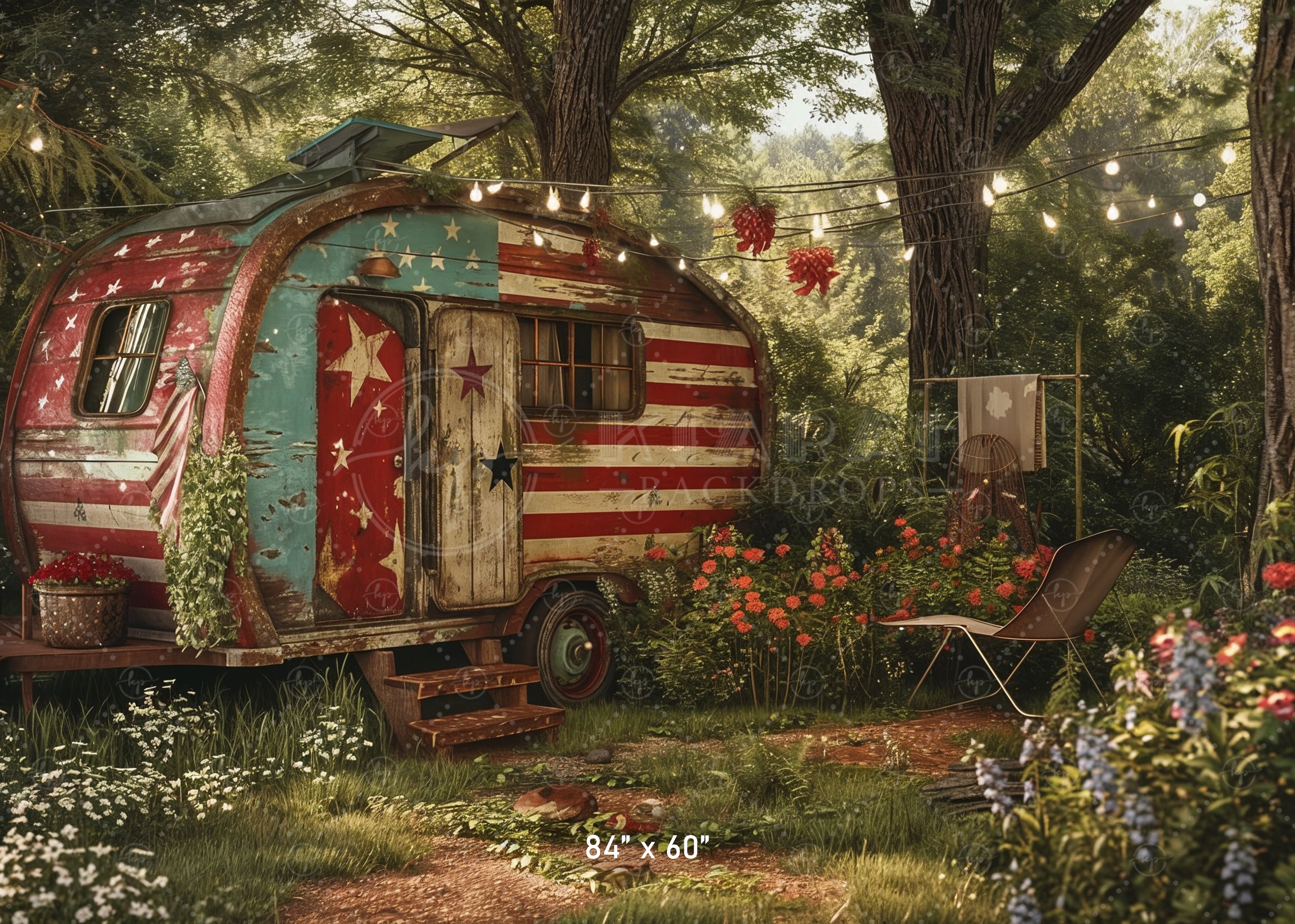 Patriotic Vintage Camper Scene Backdrop