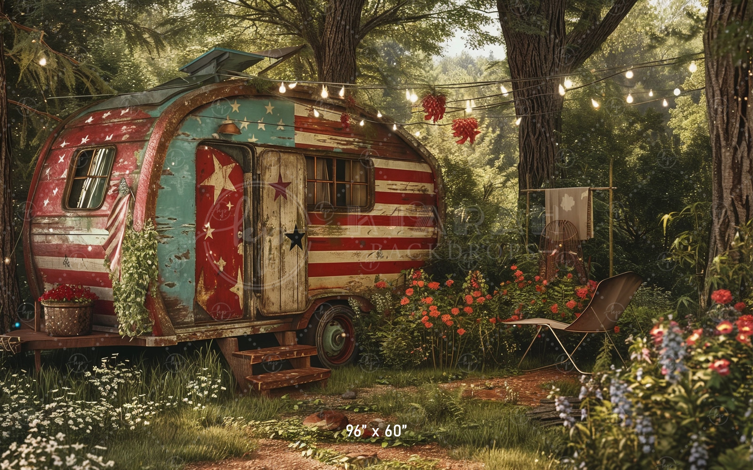 Patriotic Vintage Camper Scene Backdrop