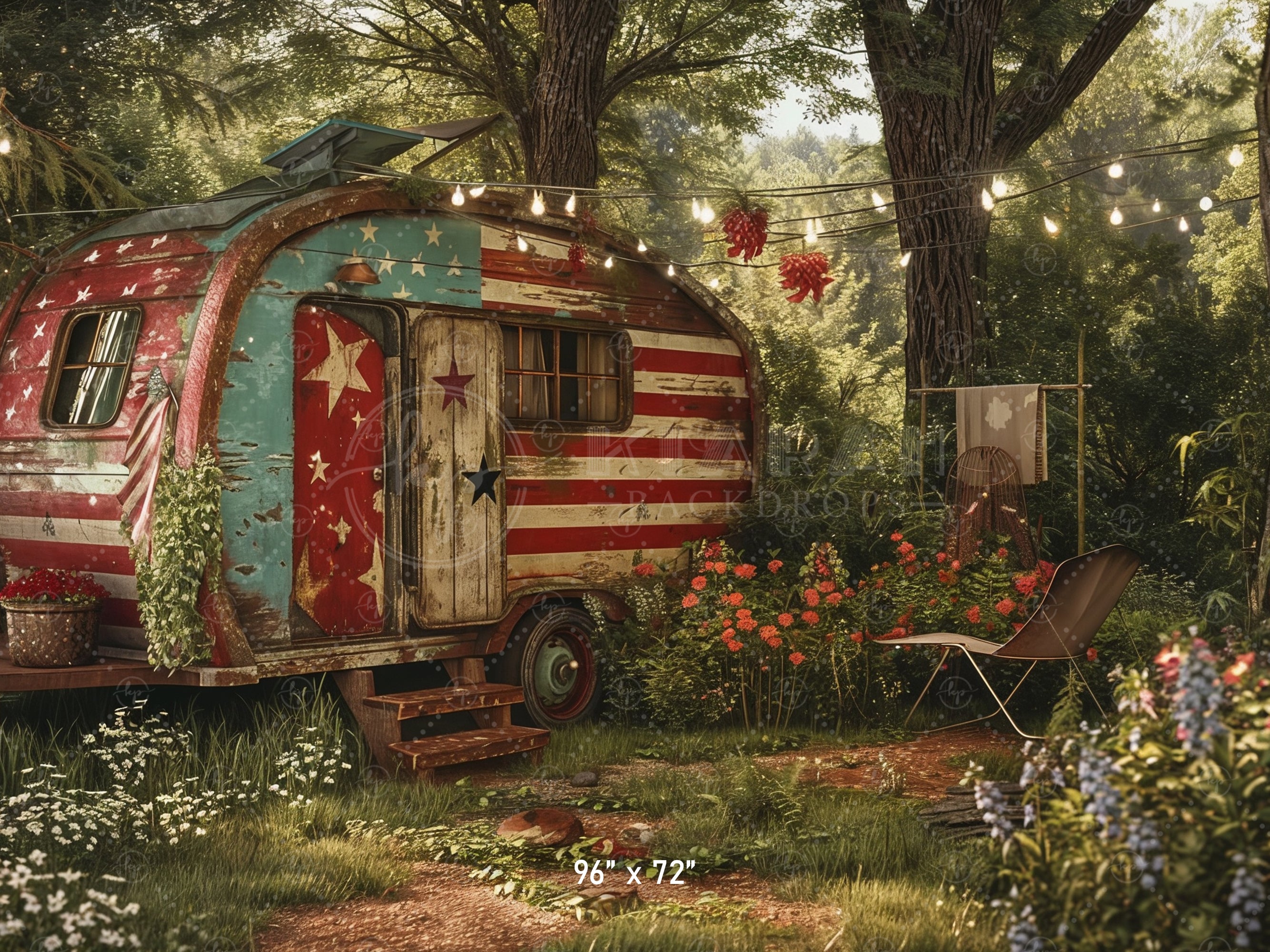 Patriotic Vintage Camper Scene Backdrop