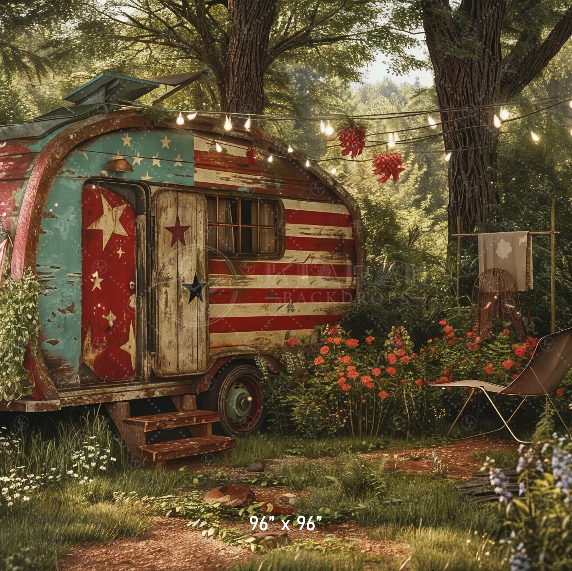 Patriotic Vintage Camper Scene Backdrop