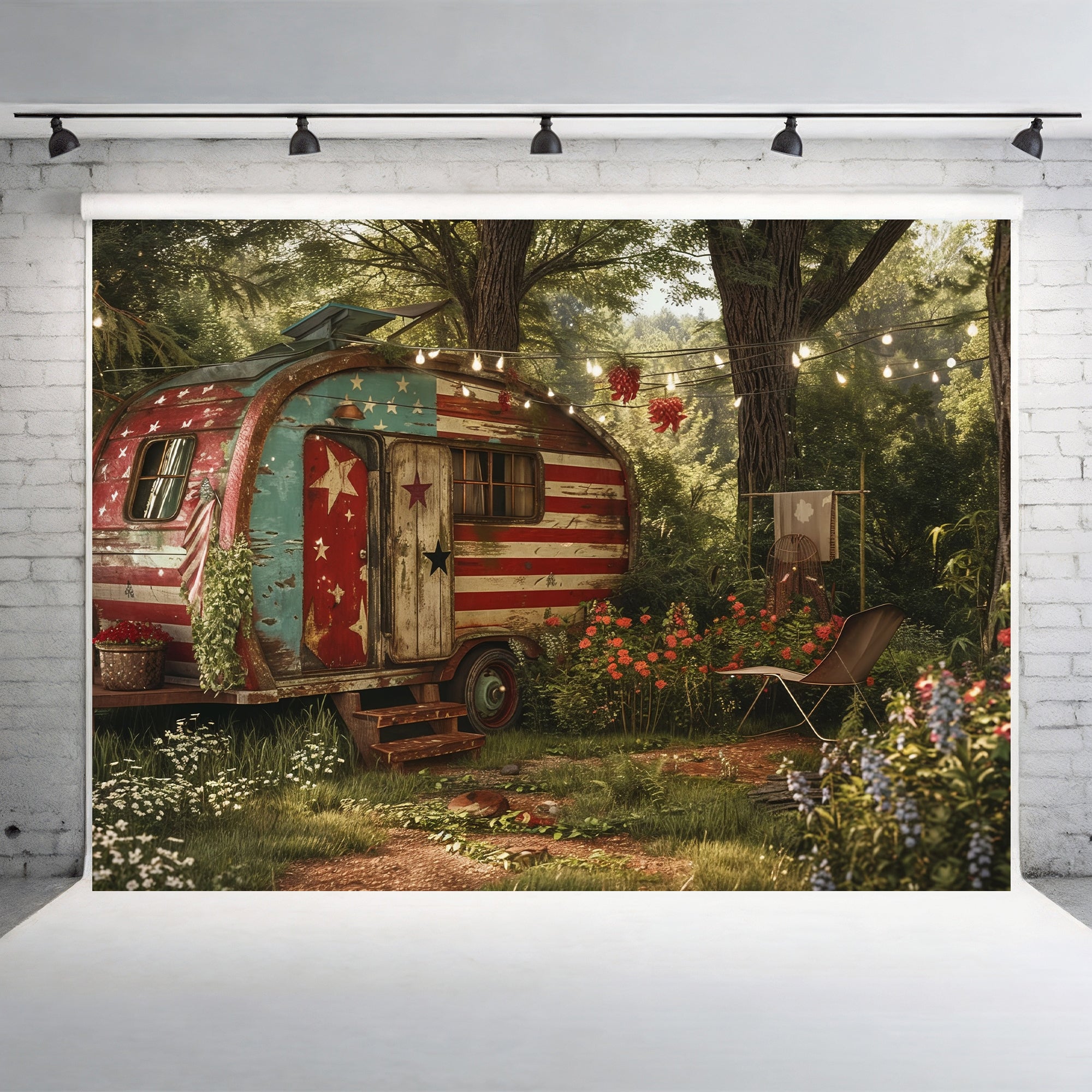 Patriotic Vintage Camper Scene Backdrop