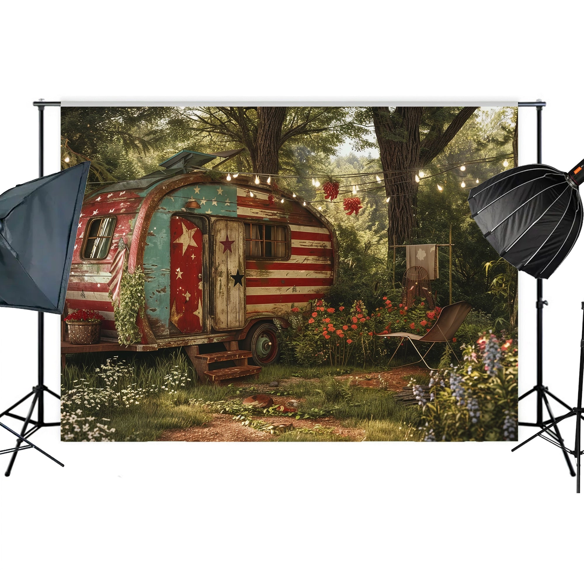 Patriotic Vintage Camper Scene Backdrop