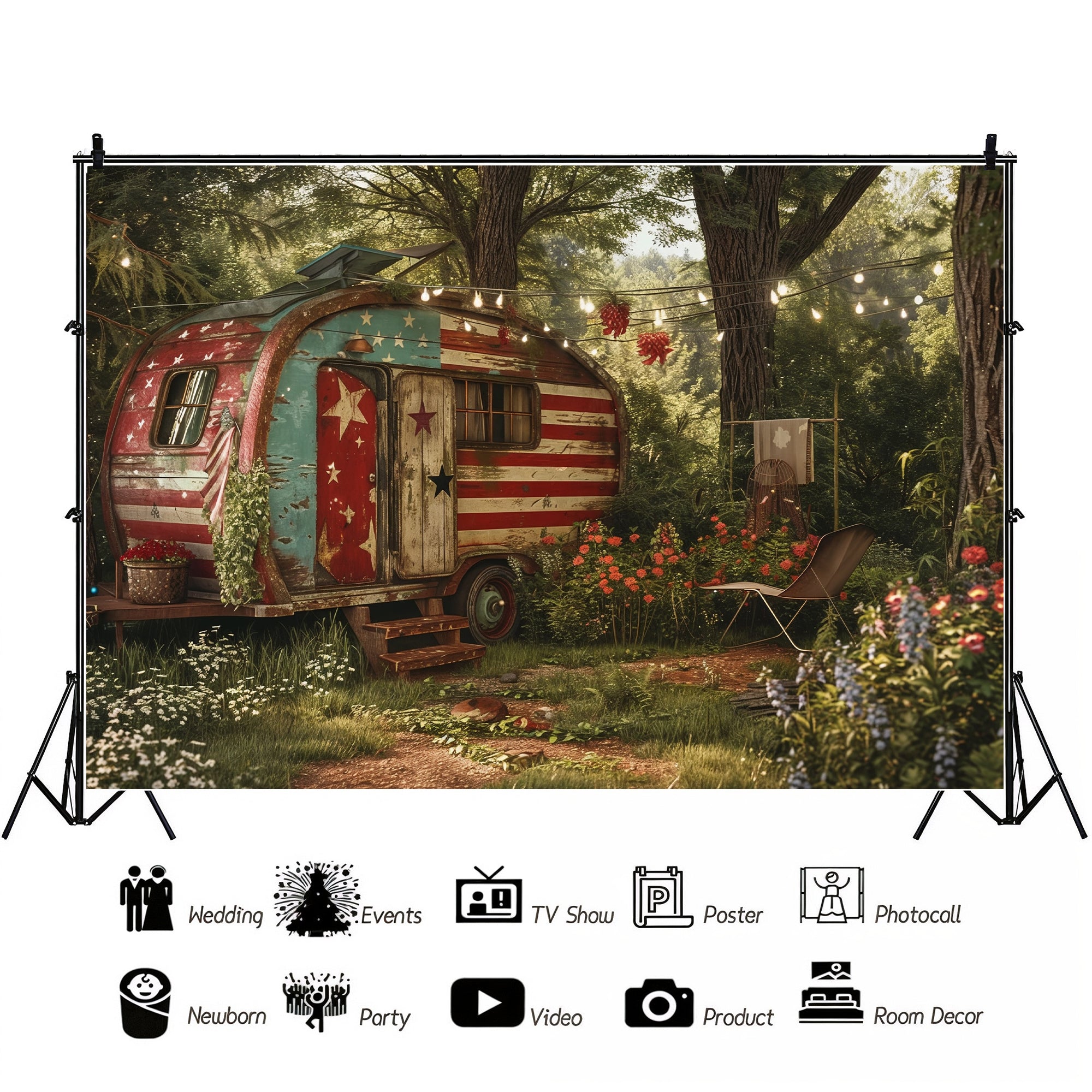Patriotic Vintage Camper Scene Backdrop