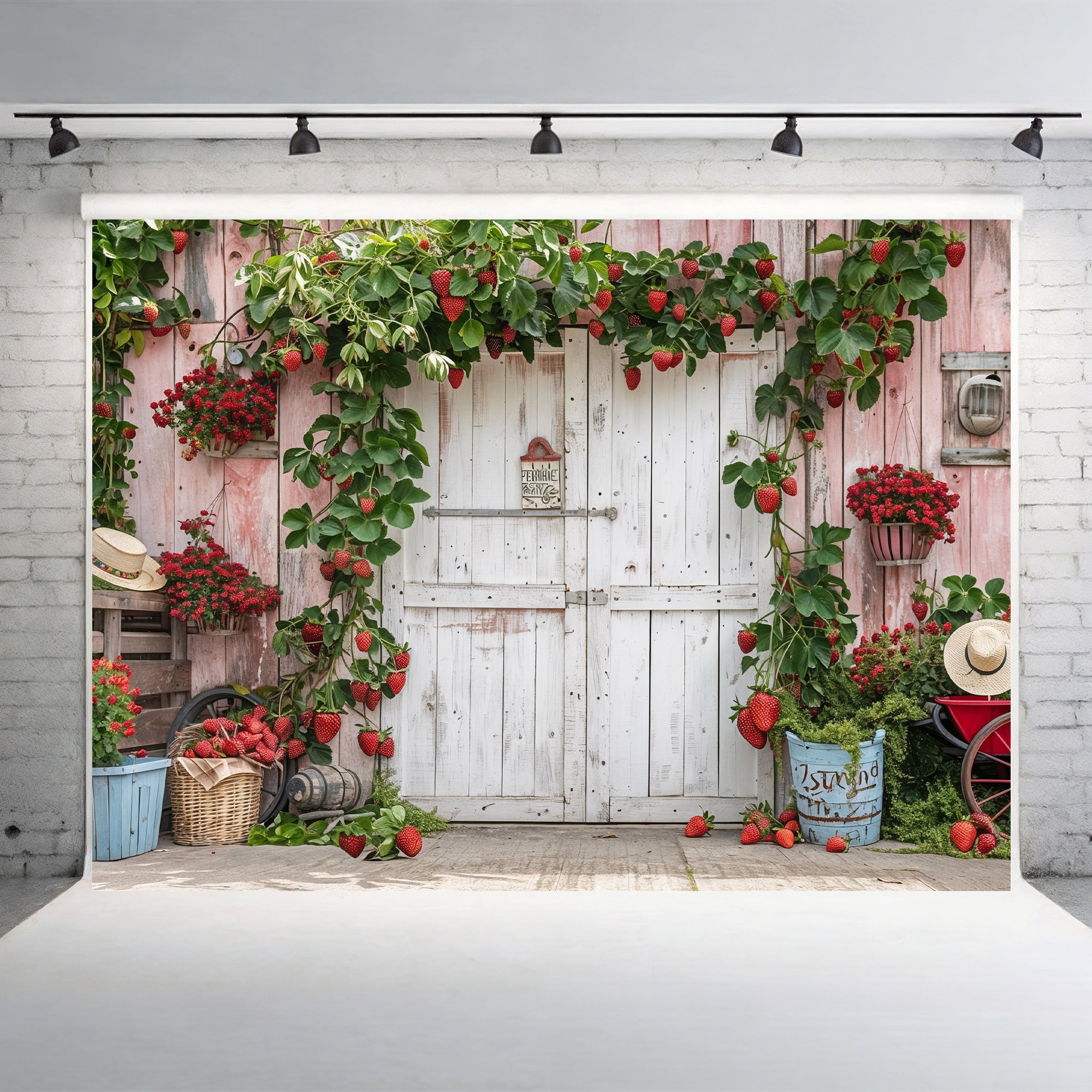 Country Strawberry Barn Charm Backdrop