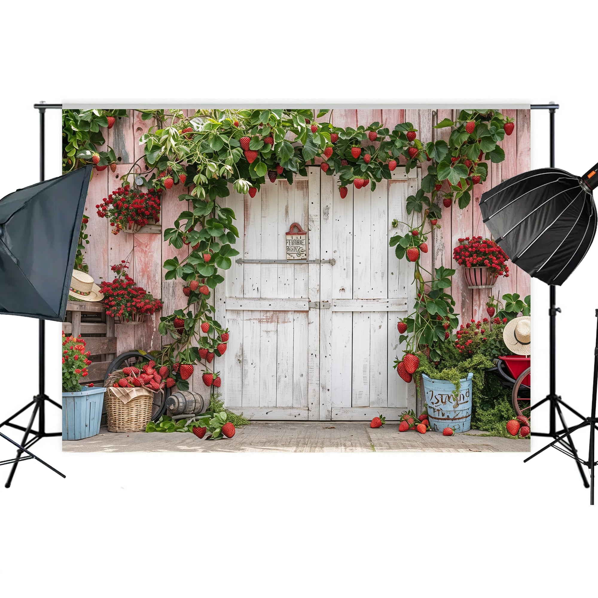 Country Strawberry Barn Charm Backdrop
