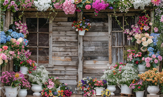 Rustic Floral Cottage Scene Backdrop