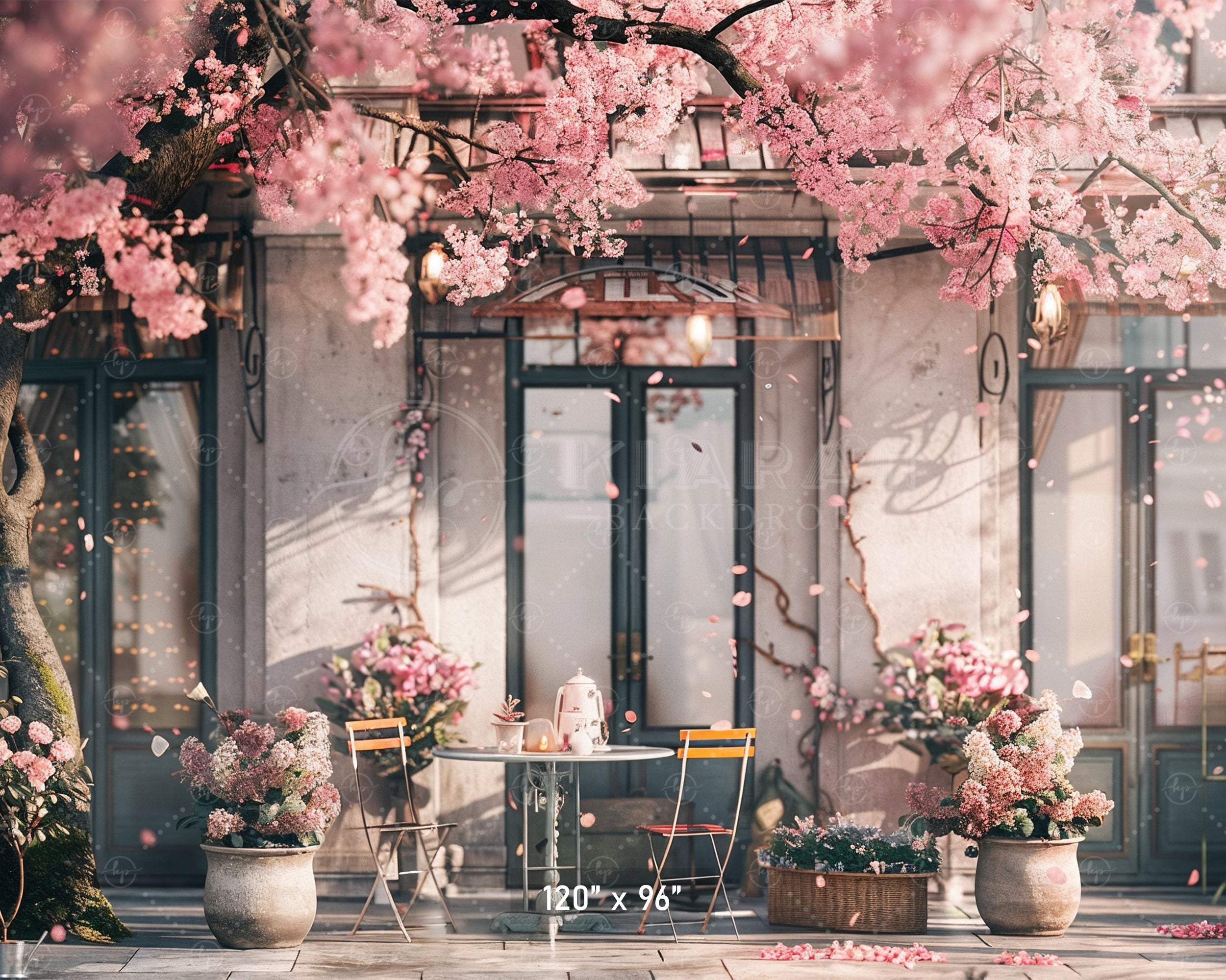 Elegant Cherry Blossom Café Scene Backdrop