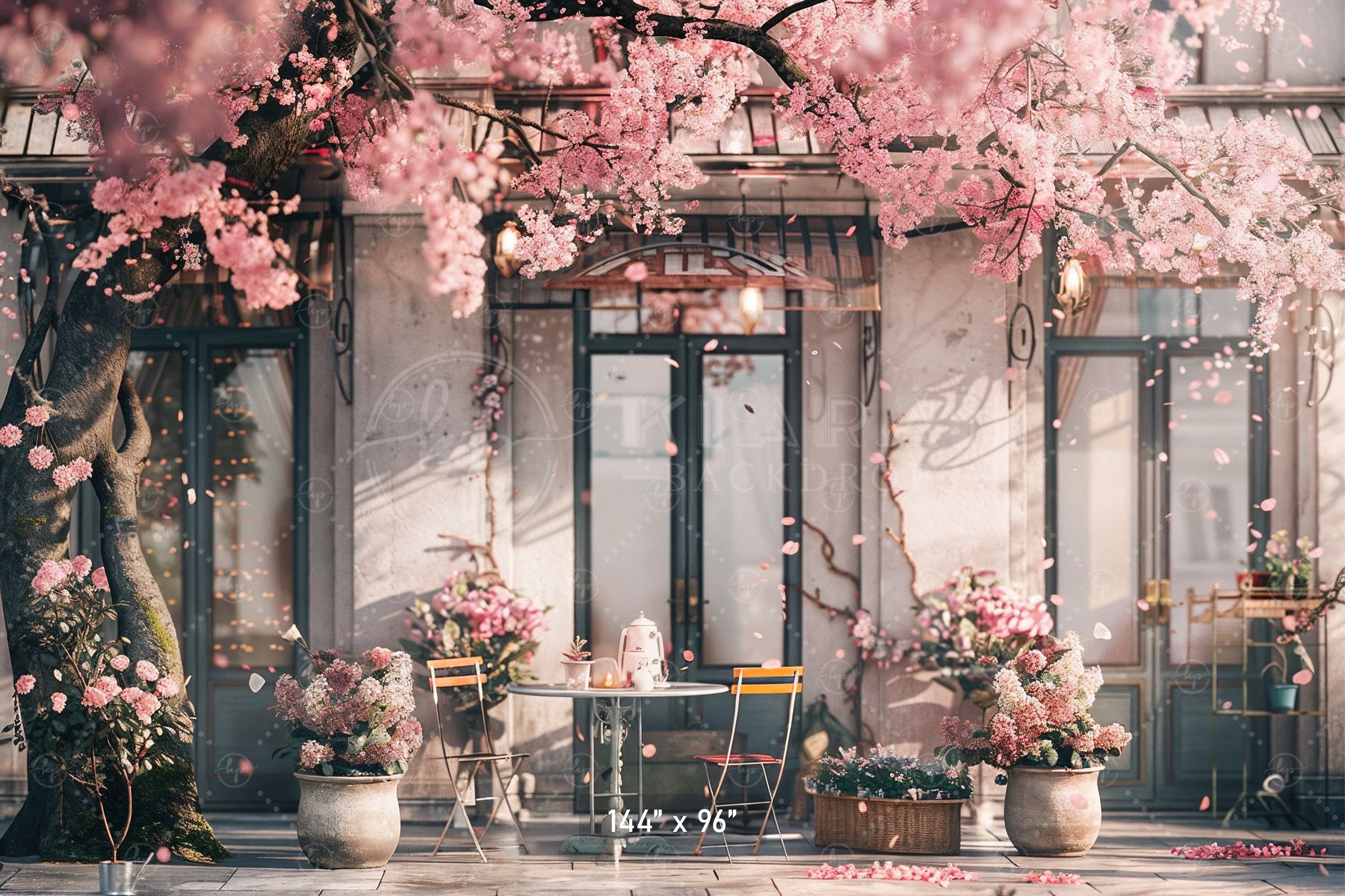 Elegant Cherry Blossom Café Scene Backdrop